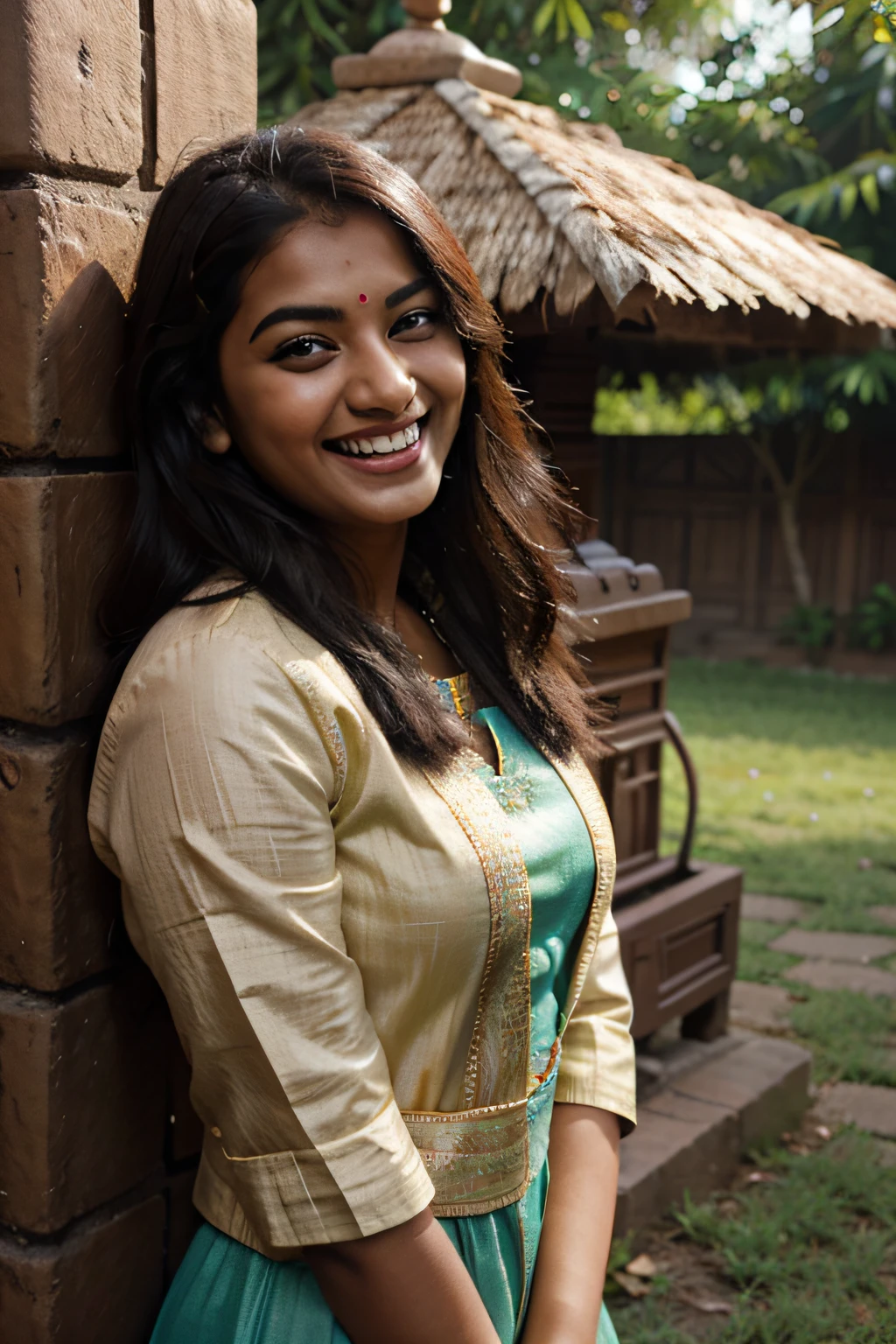 An Indian dusky girl, age of 24, laughing, wearing an Indian ethnic wear, looking beautiful