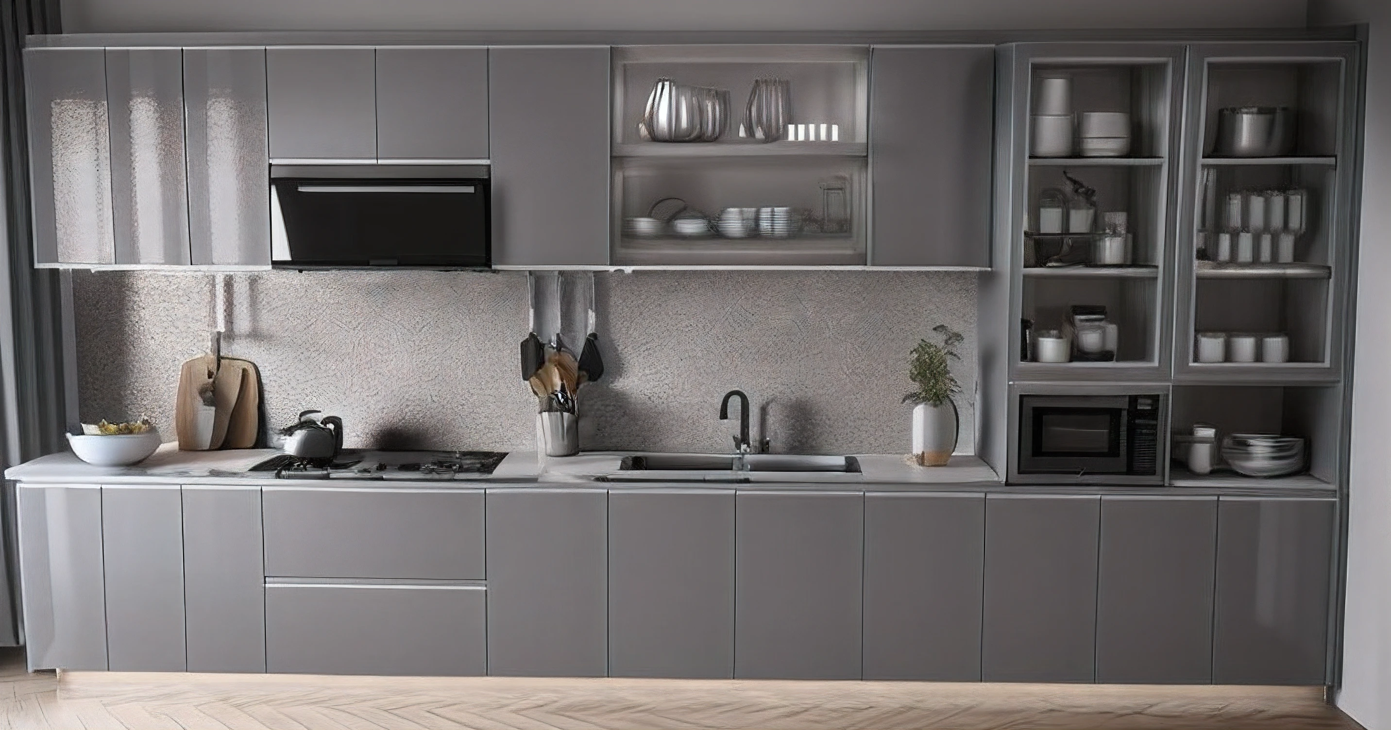 a rendering of a kitchen with a sink, absorb odors, and a microwave, kitchen, small kitchen, 2 d render, minimal kitchen, sketch - up, orthographic 3d rendering, 3d design, 3 d design, kitchen counter, cad, detailed 2d illustration, cabinets, comprehensive 2 d render, kitchen background, render 3 d, 3 d rendering, glossy material, glossy gray wings