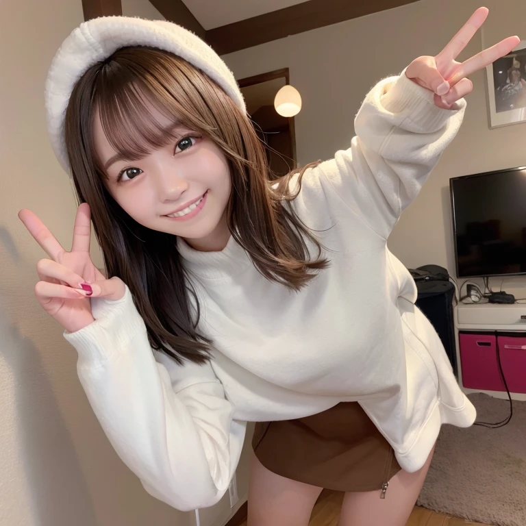 Peace sign with one hand、Fleece material、a miniskirt, erect through, livingroom, Smile, Brown hair, shoulder-length hair, Very white skin、