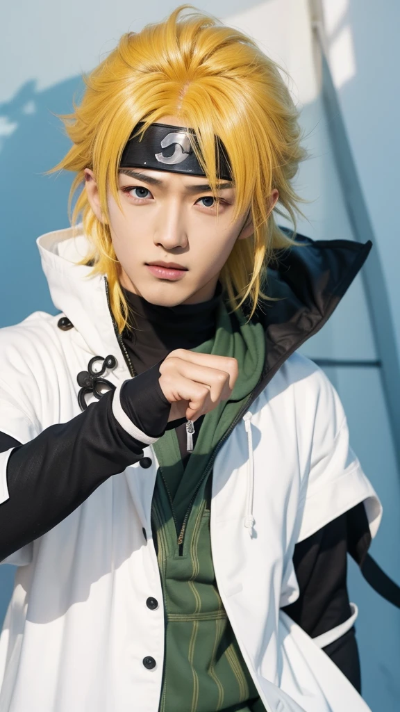 Real life adaption of this character,his name is Minato Namikaze from anime Naruto,handsome handsome face,realistic yellow messy hair,realistic outfit with white cloak,realistic light,realistic shadow,realistic background,(photorealistic:1.2),realistic hand