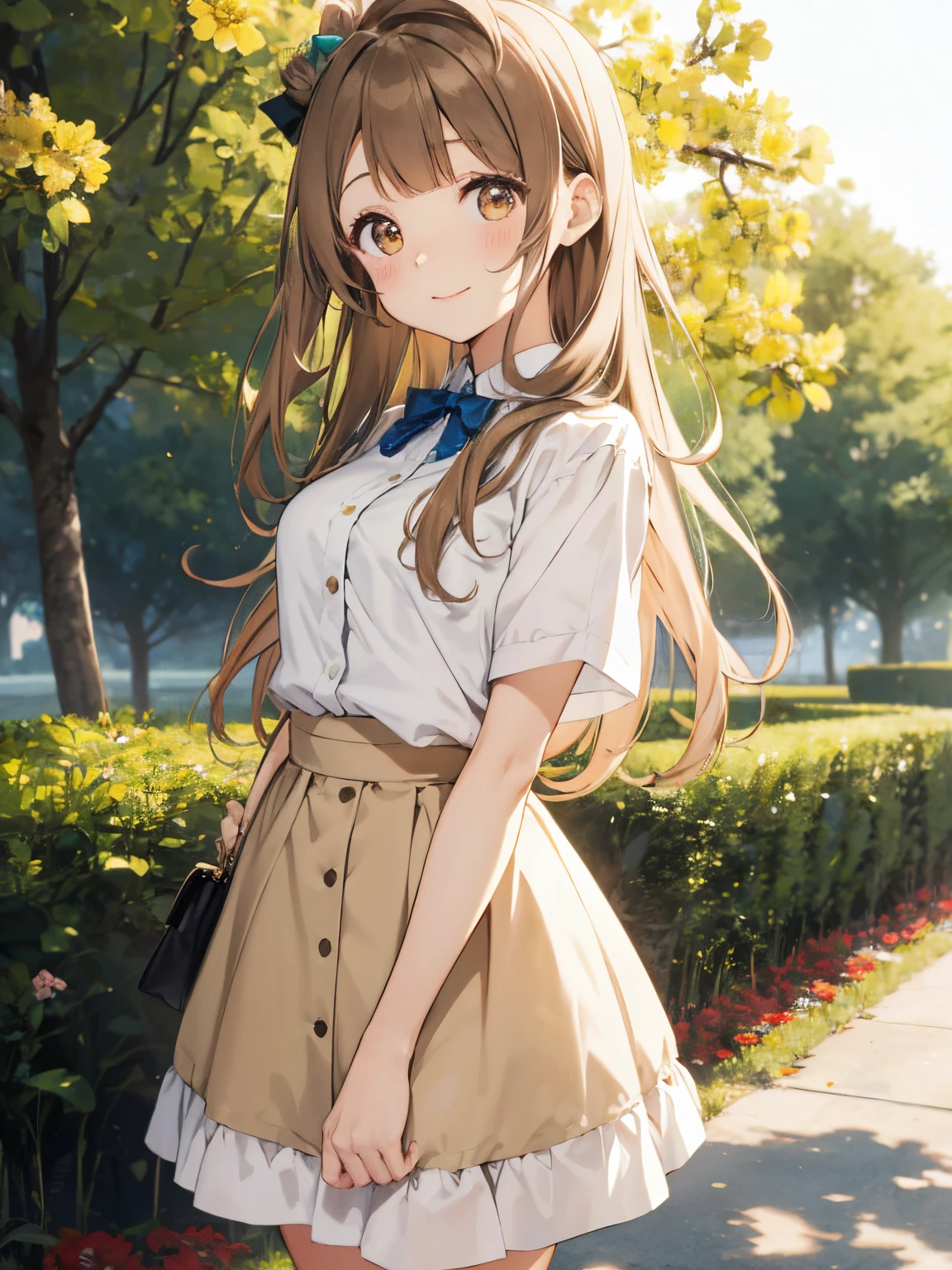 top-quality、anime girl with brown hair and beautiful flowers々Park where flowers bloom Kotori Minami、Arms behind your back、、 [3D images:1.15],hight resolution、a park、Best Quality, High resolution, front-facing view、long hair overall、1girl in, firm face, Smile, Kotori, Long hair, Brown hair,、narrow right pupil, Cute clothes、ＴThe shirt、The shirt、Cute skirt、skirt by the, White skirt、absolute reference to center、During the walk、Dating、Thin fingertips