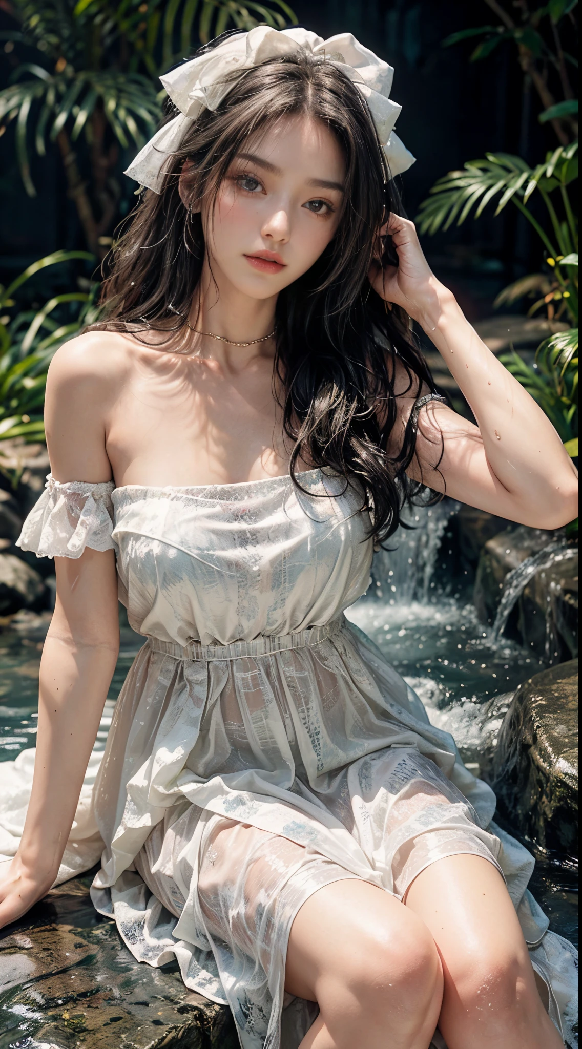 Sweet girl clothes4,strapless dress,jewelry, fashi-girl,red lips,mature female,makeup, makeup, ((cowboy shot)), (best quality, masterpiece:1.2), Sitting, sitting on a rock, ultra-detailed, (realistic:1.37), beautiful, youthful, glamorous model with (detailed eyes, detailed lips, extremely detailed eyes), with white and floral colors, showcasing a radiant smile, slender figure, long legs, creating a breathtaking depiction of a girl enjoying the water, realistic waterfalls, wet clothes and hair, radiant sunlight, lush greenery, refreshing mist, Elegant pose, random pose, random Angle of view, Getting wet under a waterfall, The waterfall fell on her