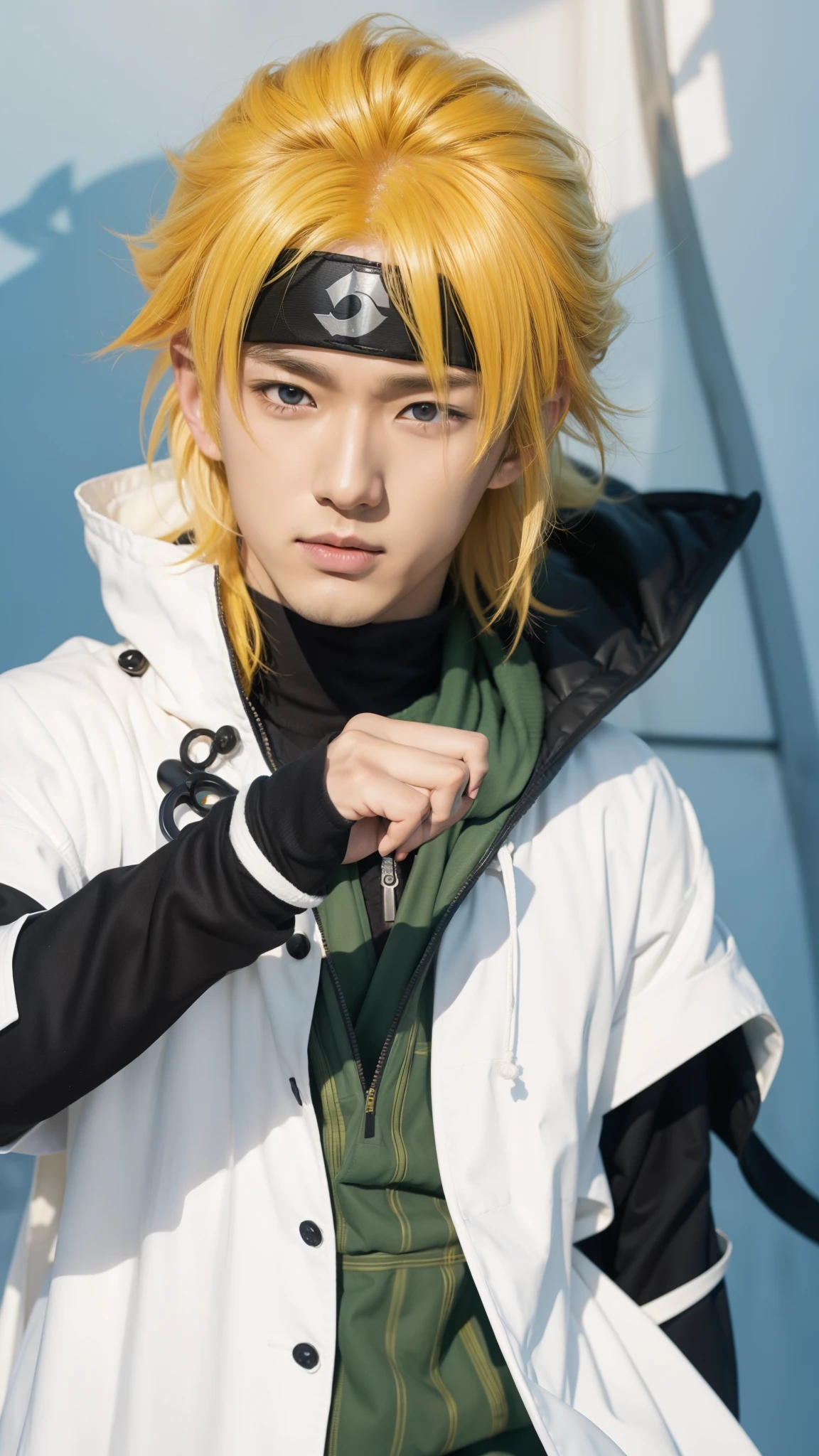 Real life adaption of this character,his name is Minato Namikaze from anime Naruto,handsome handsome face,realistic yellow messy hair,realistic outfit with white cloak,realistic light,realistic shadow,realistic background,(photorealistic:1.2),realistic hand