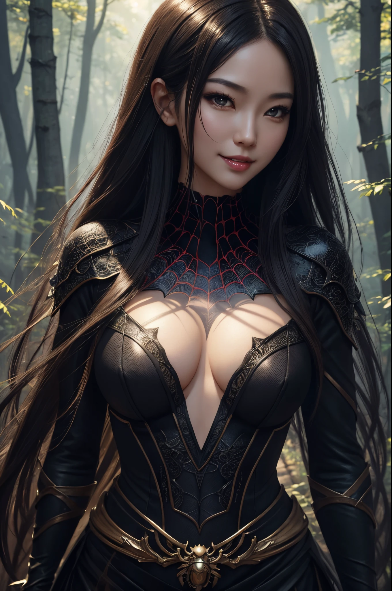 8K,very small breasts,and black dress, Eyes,High quality detailed art by Yang K, fanart best artstation, very detailed Artgerm, inspired by Yang Jin, Fantasy Art Style, Super Beautiful, tiny chest,Spider crest(Precise workmanship details),Trending on CGSTATION, Inspired by Yang J, beautiful character painting, ! Dream ArtGerm Haha Ne Character Art,Personification of spiders,super realistic skin,big spider web in the background(Precise spider web details,Small breasts,show fangs from mouth,a smile,In the forest,,