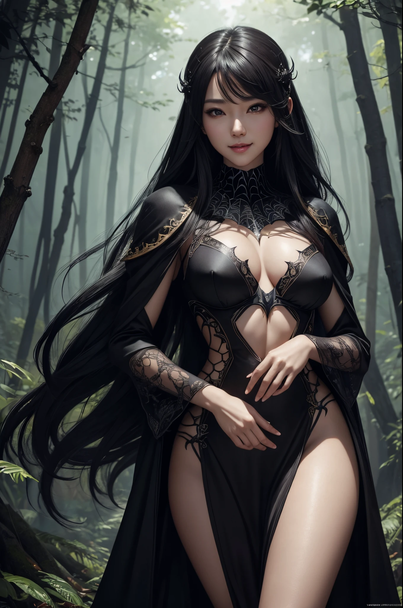 8K,very small breasts,and black dress, Eyes,High quality detailed art by Yang K, fanart best artstation, very detailed Artgerm, inspired by Yang Jin, Fantasy Art Style, Super Beautiful, tiny chest,Spider crest(Precise workmanship details),Trending on CGSTATION, Inspired by Yang J, beautiful character painting, ! Dream ArtGerm Haha Ne Character Art,Personification of spiders,super realistic skin,big spider web in the background(Precise spider web details,Small breasts,show fangs from mouth,a smile,In the forest,,