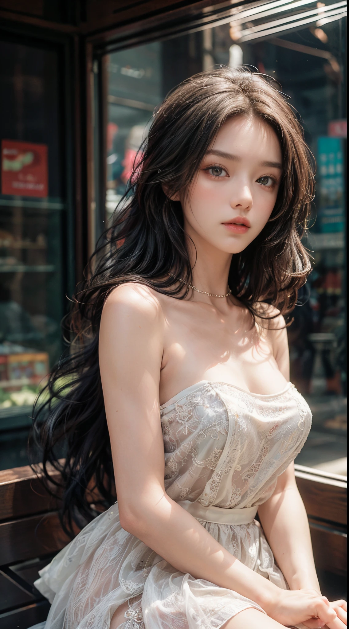 Sweet girl clothes4,strapless dress,jewelry, fashi-girl, red lips, mature female, makeup, Big eyes, Pretty eyes, ((full body)), ((Random shooting angles)), (best quality, masterpiece:1.2), ultra-detailed, (realistic:1.37), beautiful, youthful, glamorous model with (detailed eyes, detailed lips, extremely detailed eyes), with white and floral colors, showcasing a radiant smile, creating a breathtaking depiction of a girl, Warm tones, extremely high color saturation, official art, extremely detailed CG unified 8k wallpaper,(High dynamic range :1.4), (cinematic),(soft colors, dull colors, soothing tones :1.3), (natural skin texture, ultra-realistic, soft light, sharp),(very detailed), Night, moonlight, In an antique pavilion, sit on a bench against the guardrail
