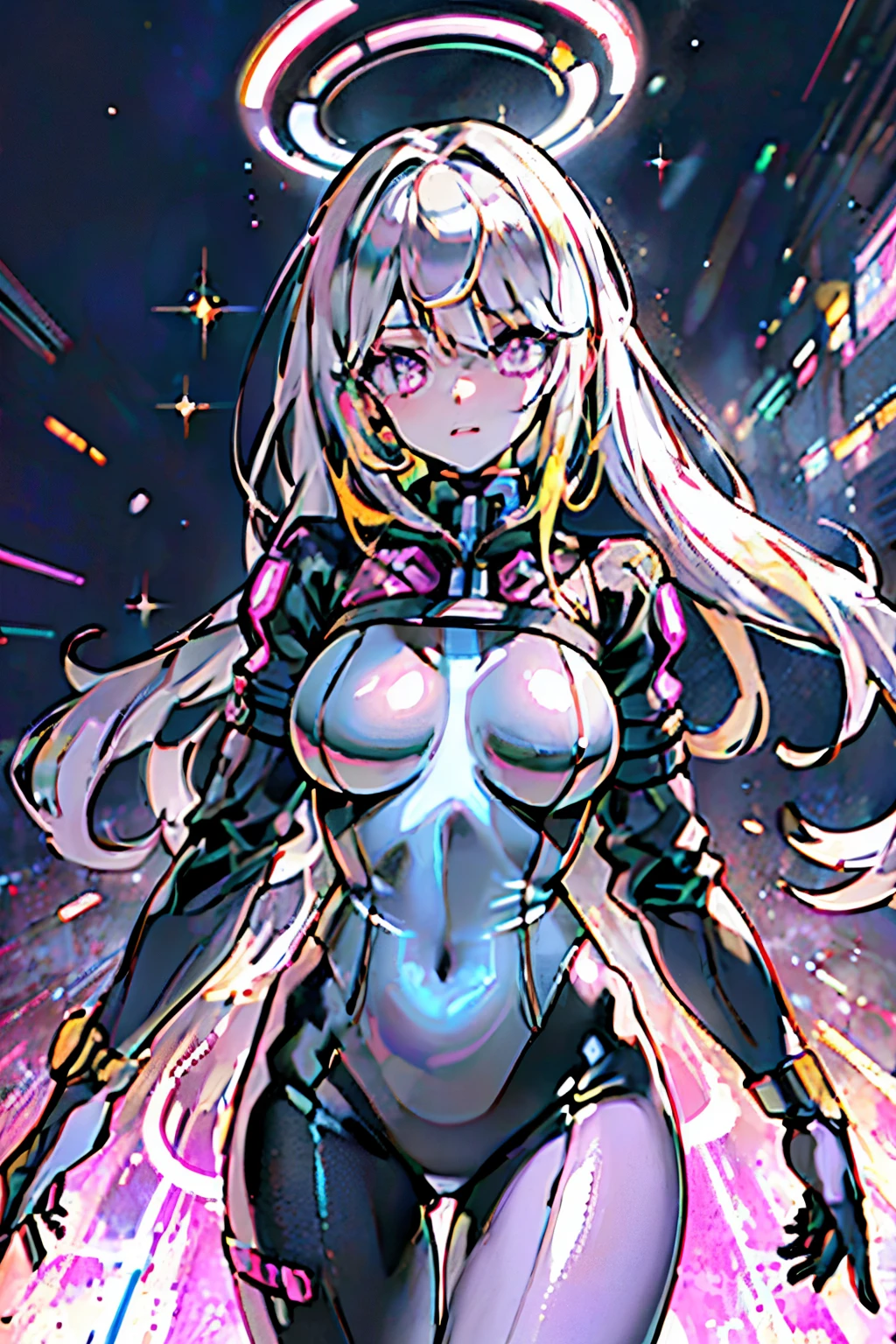 Anime, Girl, (((1girl))), Mecha Musume, Techwear, Divine Techno-Aura, Divine Techno-Halo, (((Hyperdimension Neptunia, CPU Waifu))), (((Vibrant White Hair, Long Hair, Wild Hair))), ((Vibrant Light Purple Eyes eyes:1.3, Upturned Eyes: 1, Perfect Eyes, Beautiful Detailed Eyes, Gradient eyes: 1, Finely Detailed Beautiful Eyes: 1, Symmetrical Eyes: 1, Big Highlight On Eyes: 1.2, Power Symbol Inside Iriat)), (((Lustrous Skin: 1.5, Bright Skin: 1.5, Skin Fair, Shiny Skin, Very Shiny Skin, Shiny Body, Plastic Glitter Skin, Exaggerated Shiny Skin, Illuminated Skin))), (Detailed Body, (Detailed Face)), Young, (Best Quality), Stockings, Serious Disposition, High Resolution, Sharp Focus, Ultra Detailed, Extremely Detailed, Extremely High Quality Artwork, (Realistic, Photorealistic: 1.37), 8k_Wallpaper, (Extremely Detailed CG 8k), (Very Fine 8K CG), ((Hyper Super Ultra Detailed Perfect Piece)), (((Flawlessmasterpiece))), Illustration, Vibrant Colors, (Intricate), High Contrast, Selective Lighting, Double Exposure, HDR (High Dynamic Range), Post-processing, Background Blur