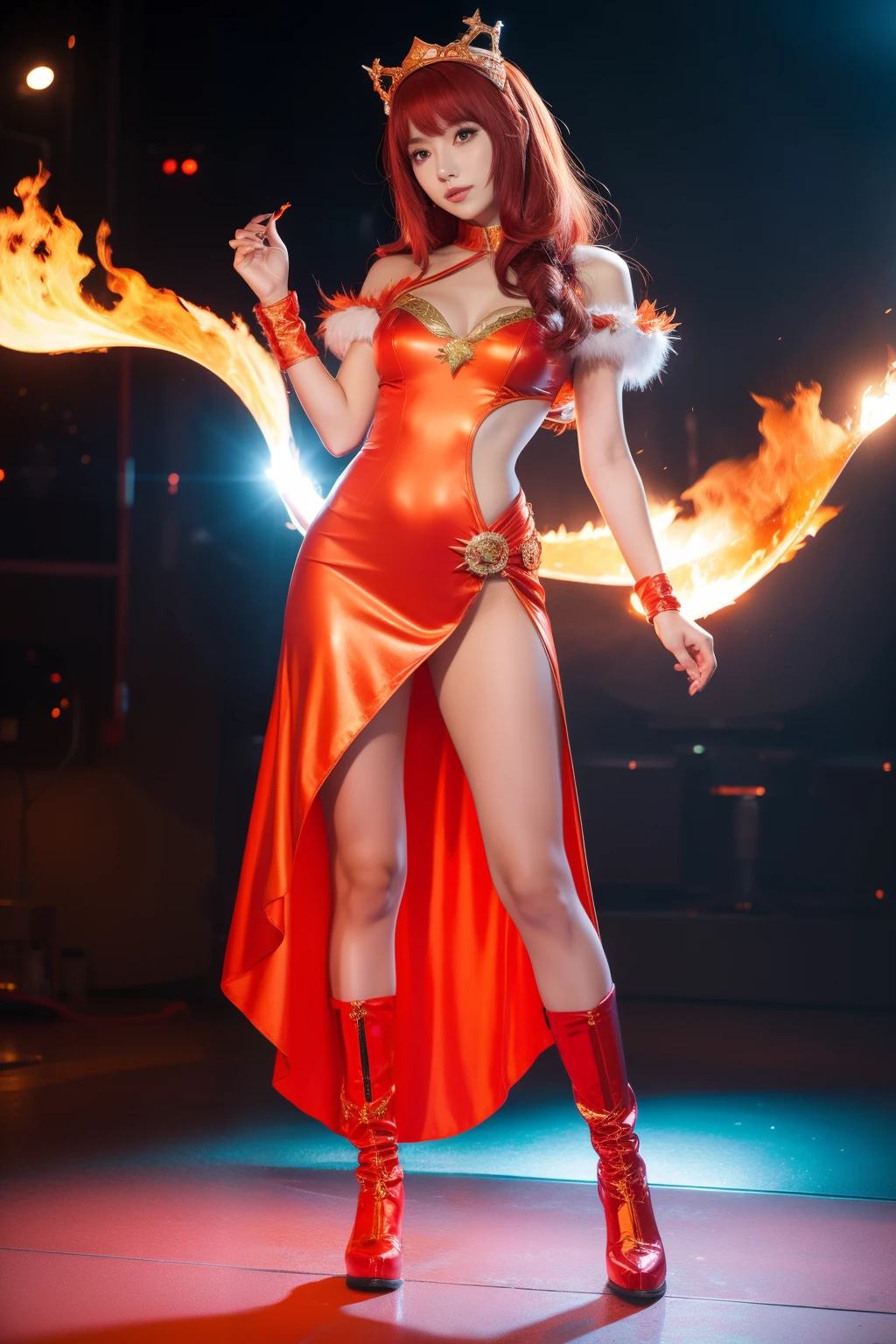 Queen idol who controls flame、full body Esbian、、flame costume（shiny red and orange）、、、、Colorful hair、