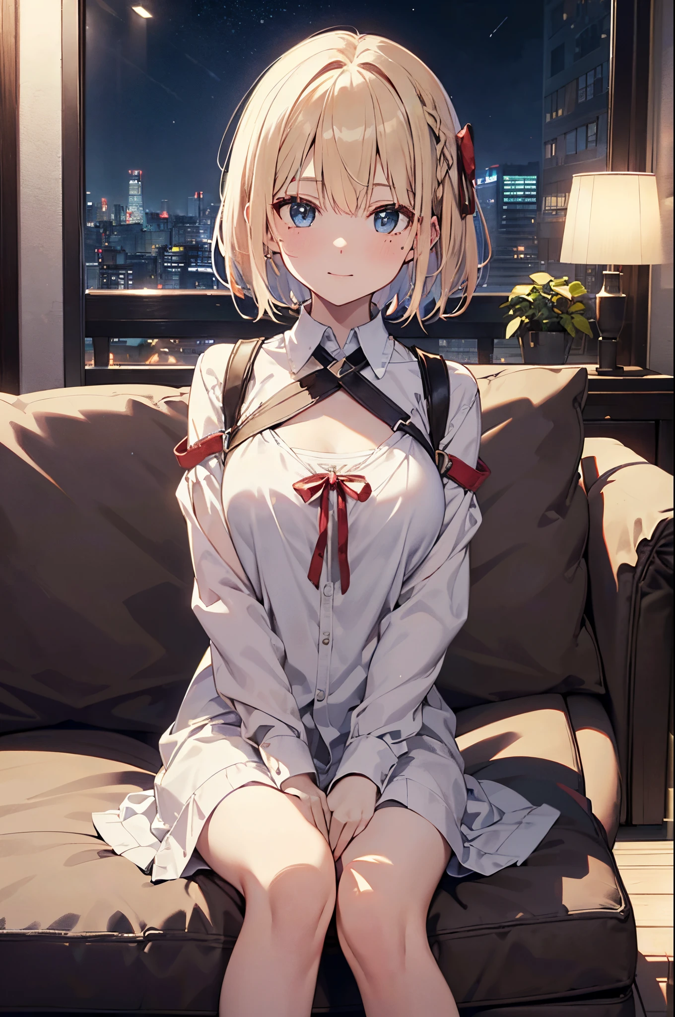 (Girl with a nasty appearance:1.3)、(Night:1.5)、(and chest:1.4)、Raw photography, top-quality, hight resolution, (masterpiece), (Photorealsitic:1.4), (Mole under the eyes),Anime , foco nítido, nffsw, 8K分辨率, intricate detailes, depth of fields, the Extremely Detailed CG Unity 8K Wallpapers, front lit, femele,25-years old、 Happy face,(tying hair:1.5)、see -through、(Medium Short Gold Hair)、blue eyess,(Living room of the house:1.5)、(Sitting on the sofa:1.3)、(Full body depiction)、(Playing games)、Party