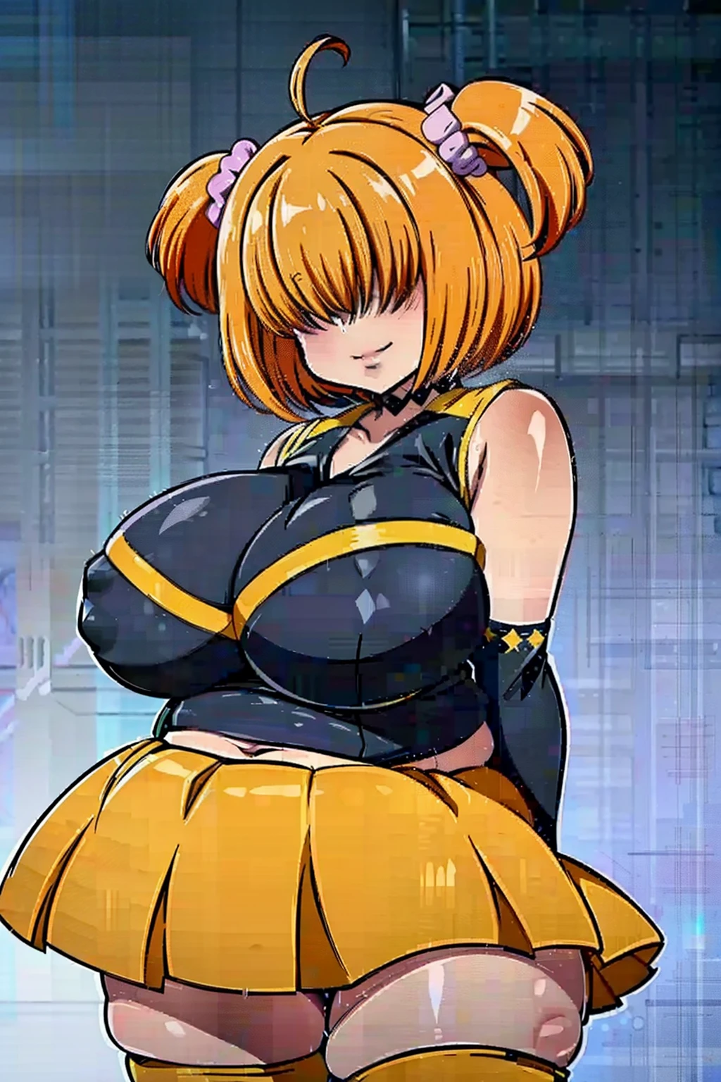 ((femele, Big breasts, Sleeveless, underboob, Short skirt, Solo, busty, thick thighs, thighs thighs thighs thighs, hair covering eyes, Fingerless gloves, Orange hair, Short hair,Bun,long boots,Plump,bbw:1.2)),Anime cel painting style, Best Quality, High resolution, Happy smile, Looking at Viewer, (Breast Focus:1.2),Cowboy Shot