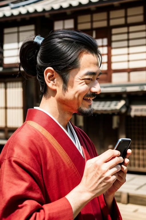 Handsome Japanese 40 year old man looking at smartphone in Edo period,smiling and wearing a suit,The hairstyle is samurai,Samurai hairstyle