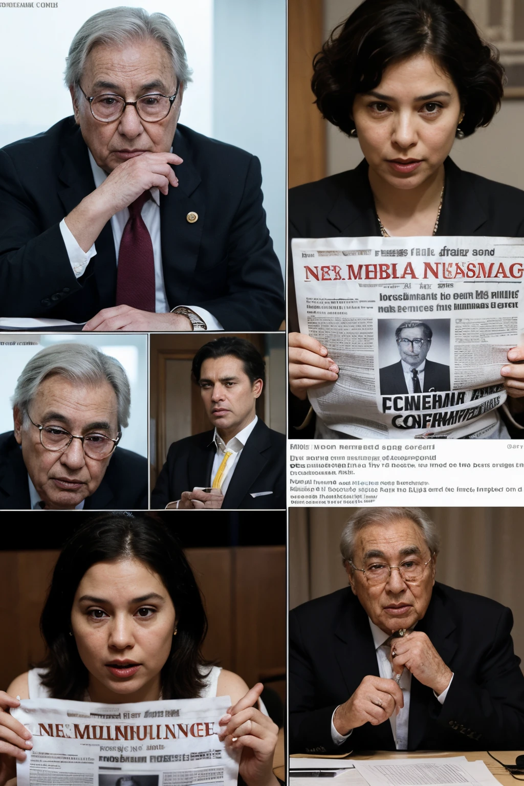 A press conference setting with members of the Nobel Peace Committee resigning in protest. Newspapers displaying headlines like "Nobel Committee in Crisis, A split image of Kissinger celebrating the award and the committee members expressing discontent. ((best quality)), ((masterpiece)), (detailed),
