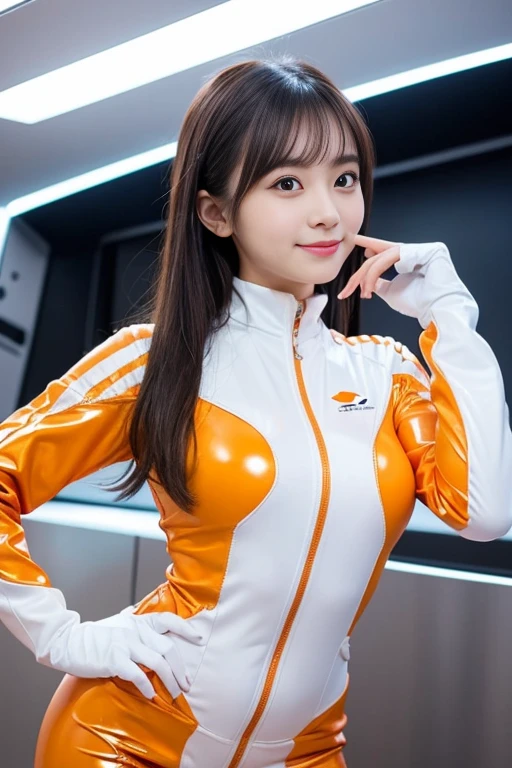 (Place your index finger on your chin, bend the index finger, Shiny rubber suit, gazing at viewer, Leaning forward, 1 girl, Looking at Viewer, from the front side, facing straight at viewer, white and orange clothes, White Gloves, futuristic spacesuit, Inside the spaceship room),
Smile, Upper body, body suit, Mini Pencil Skirt, High neck clothing, Hide the neck, drooping eyes, Head tilt, masutepiece, Best Quality, an extremely cute girl, 20 years old, Black hair, orange line in the center of the clothes