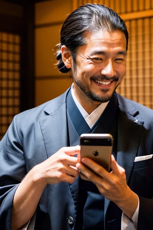 Handsome 40-year-old Japanese man looking at his smartphone in the samurai era,smiling and wearing a suit,The hairstyle is samurai,Samurai hairstyle