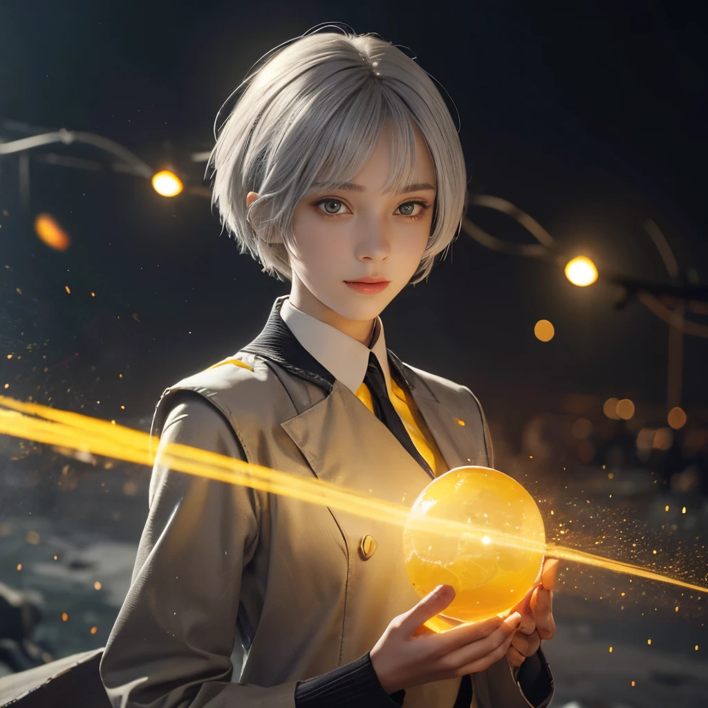 high detailing, Clarity, 8kK, Young woman, 18 years old, Light gray hair, Short haircut, Yellow eyes, Stand on fire, Realism, Fantasy,