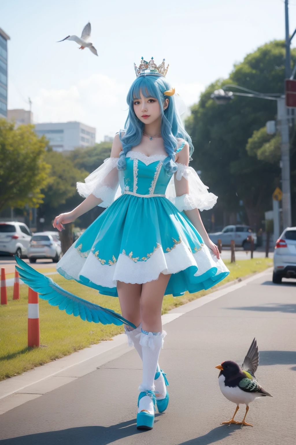 Queen idol who rules over birds、full body Esbian、、Bird costume、、、、Sky Blue Hair、