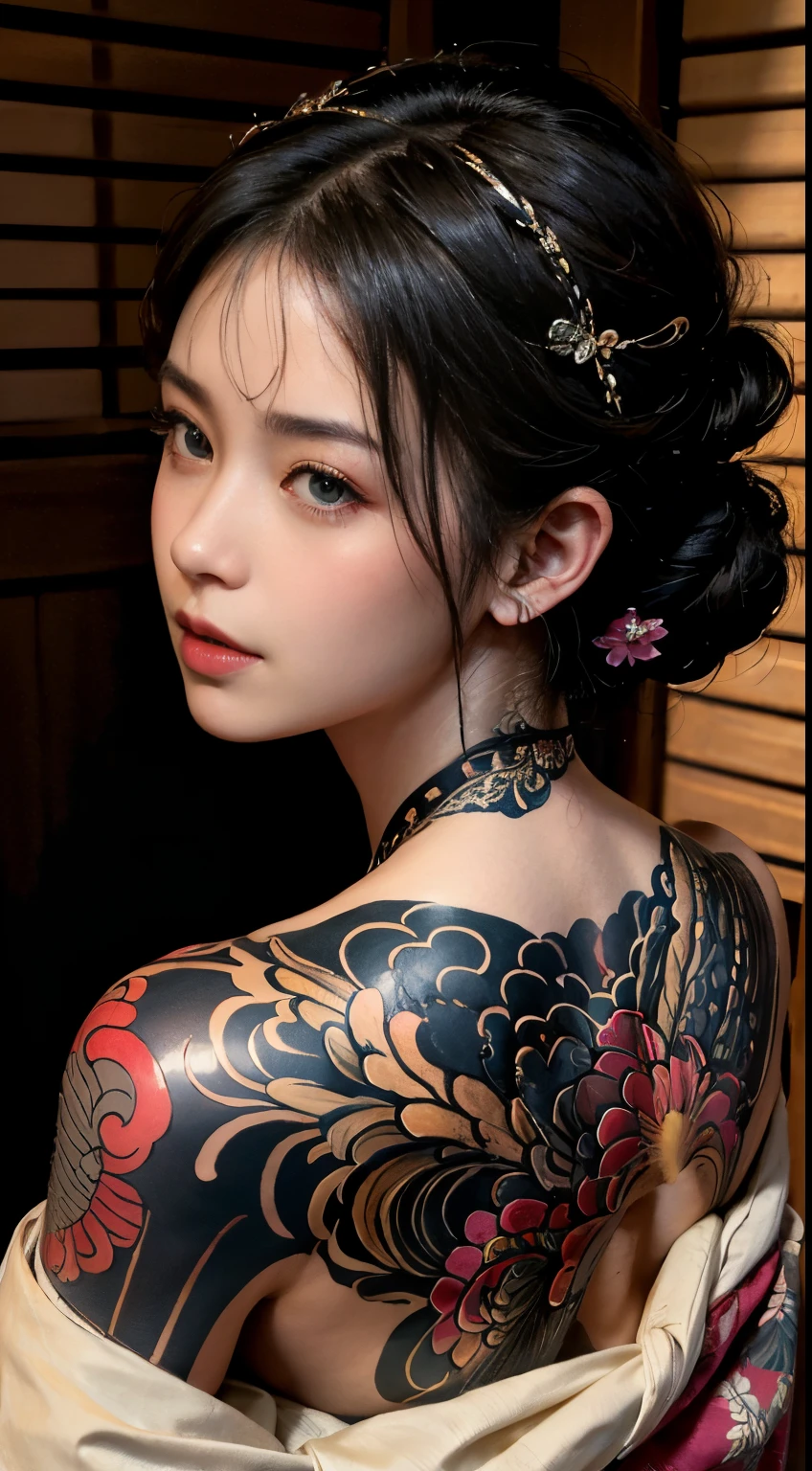 (best quality,highres:1.2), (photorealistic:1.4),low angle portrait, seen from back, yakuza girl soaking on onsen in the lost city,look at viewer,detailed face,beautiful detailed grey blue eyes,beautiful detailed lips,seductive smile,eyebrows well-groomed,long eyelashes,clear skin ,natural blush,slim body posture, exposed shoulder,intricate detailed and vibrant irezumi tattoo on back body,elegant and intricate jewelry,delicate necklace and earrings,traditional hair accessories,short hair with bangs,shiny gemstones,soft and flawless makeup,soft and natural lighting,subtle shadows on the face,radiant and vibrant colors,photorealistic rendering, photon mapping, foggy and dramatic atmosphere