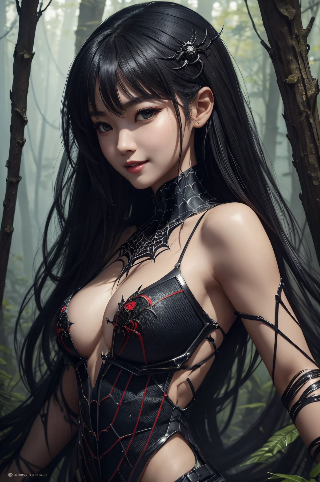 8K,very small chest armor,and black,超A high resolution,A hyper-realistic,Precise spider web embroidery,
