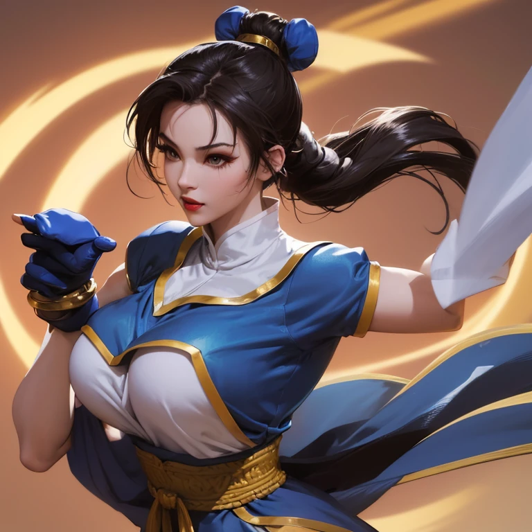 ((Chun-li from street fighter series))(she has big glowing eyeright red lips) (two bun hairstyle tied with long hair band)(dark eyeshadows make up)((very huge breasts)) (perfect slim body) (wears blue qi pao dress with yellow ornament, black bracelets, long white boots) (sexy posing inside budist temple) (high definition, volumetric lights and dinamic shadowasterpiece))(8k)(perfect face)(ultra details) (perfect hands, eyes, and face)( touching her boobs