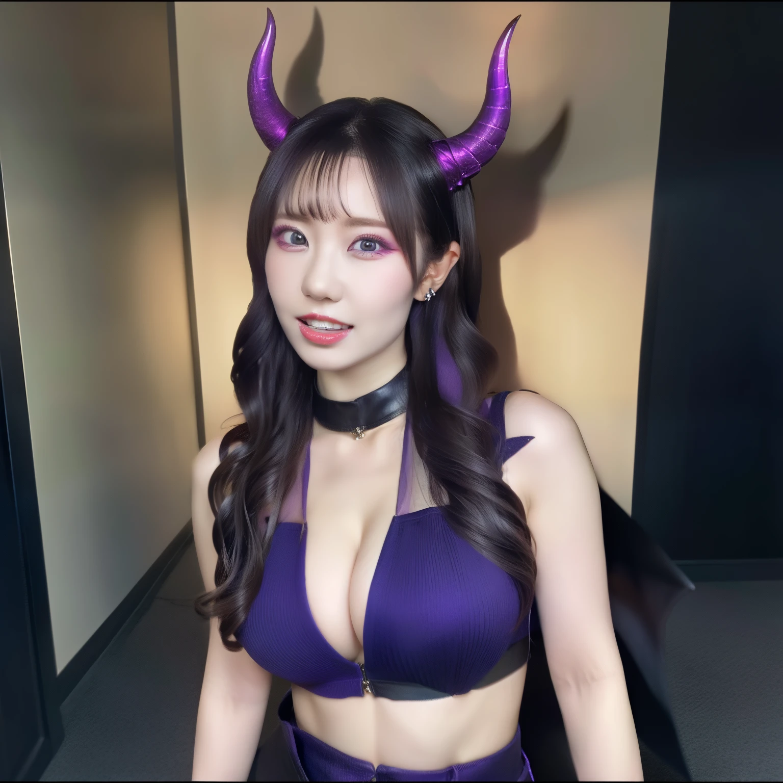 1girl, solo, ((big breasts)), demon, purple eyes, sharp teeth, long pointy black nails, long straight hair, black hair, purple horns, black lipstick, elf ears, diamond earrings, purple necklace, light purple tail, cinematic lighting, cat eyes, demon wings, horns, black lips, makeup, black makeup, pointy nails, black nails, demon horns, long tongue, dragon wings, purple dragon wings, pale skin, tail, ((full body)), nsfw,