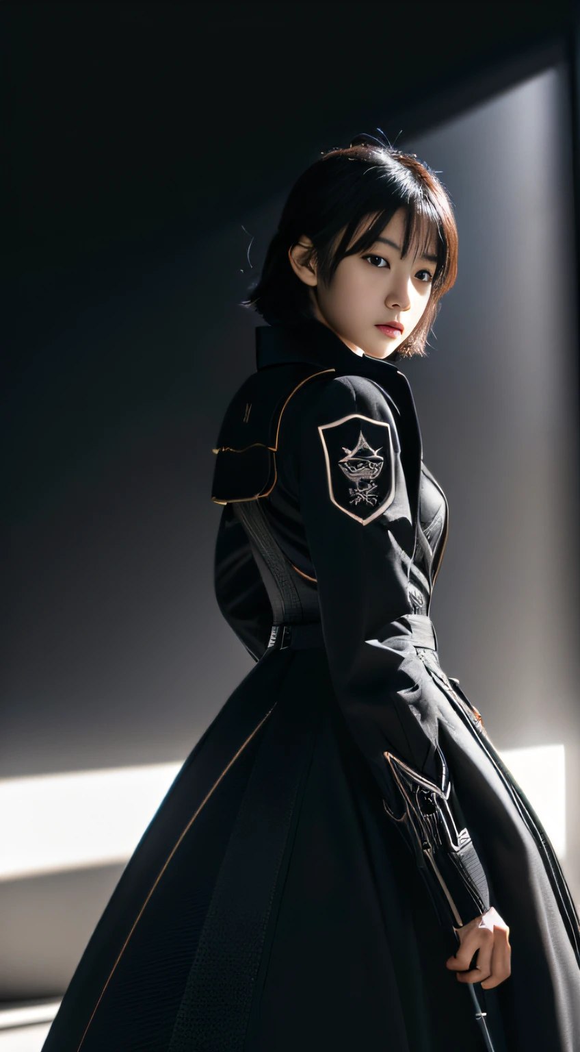 (Extreme Detail CG Unity 8K wallpaper, masutepiece, Highest Quality), (exquisite lighting and shadow, highly dramatic picture, Cinematic lens effect), A girl wearing an all-black command suit, short-hair, Holding a big sword、Defensive stance, (excellent details, Excellent lighting, Wide Angle), Excellent rendering,angry expressions