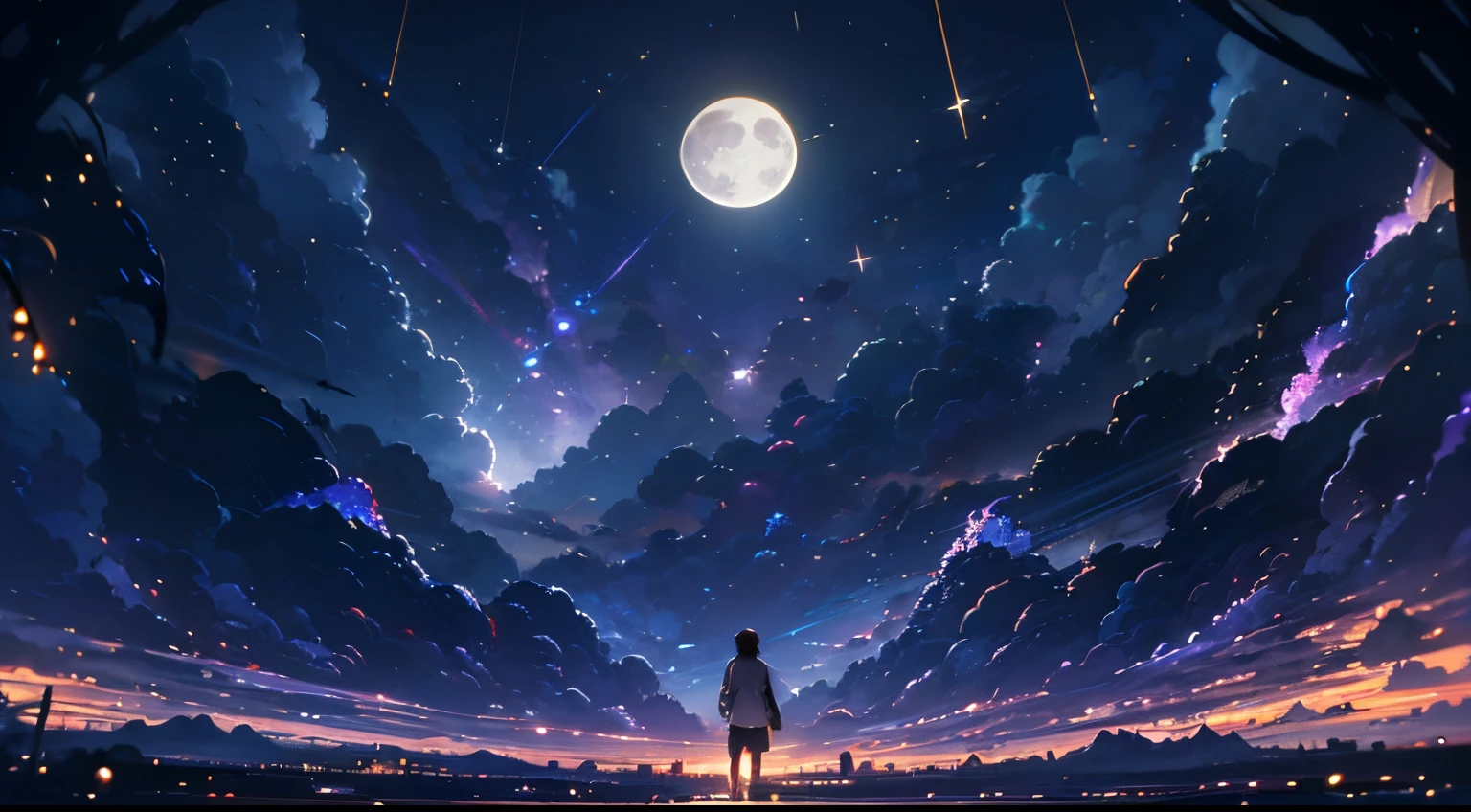 Makoto Shinkai, Expansive landscape photograph , (View from below，Displays the sky above and the clearing below), (full moon:1.2), ( meteors:0.9), (Starcloud:1.3), lamp lights, lots of purples and oranges, Intricate details, Volumetric lighting BREAK (Masterpiece:1.2), (Best quality), 4K, Ultra-detailed, (Dynamic composition:1.4), Highly detailed, Colorful details,( Iridescent colors:1.2), (luminouslighting, Atmospheric lighting), Dreamy, magical, (Solo:1.2)