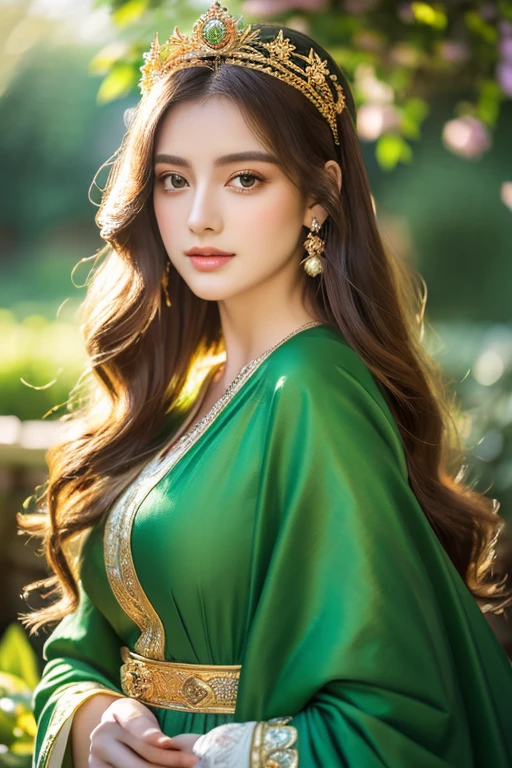 (Best Quality,4K,8K,hight resolution,masutepiece:1.2),Ultra-detailed,portrait goddess,beautiful emerald eyes,Beautiful detailed lips,extra detailed face,flowing cherry hair,Royal dignified appearance,ethereal beauty,Soft and glowing skin,barechested,Golden crown adorned with precious stones,Standing in the blooming garden,Bright flowers and lush greenery,Soft sunlight with a warm glow,Peaceful and serene atmosphere,Inspired by classic oil paintings,Add a touch of fantasy and mythology,Rich and vibrant colors,Harmonious color palette,Symbol of love, Beauty, and fertility,Graceful posture and elegant gestures,Exude confidence and power.
