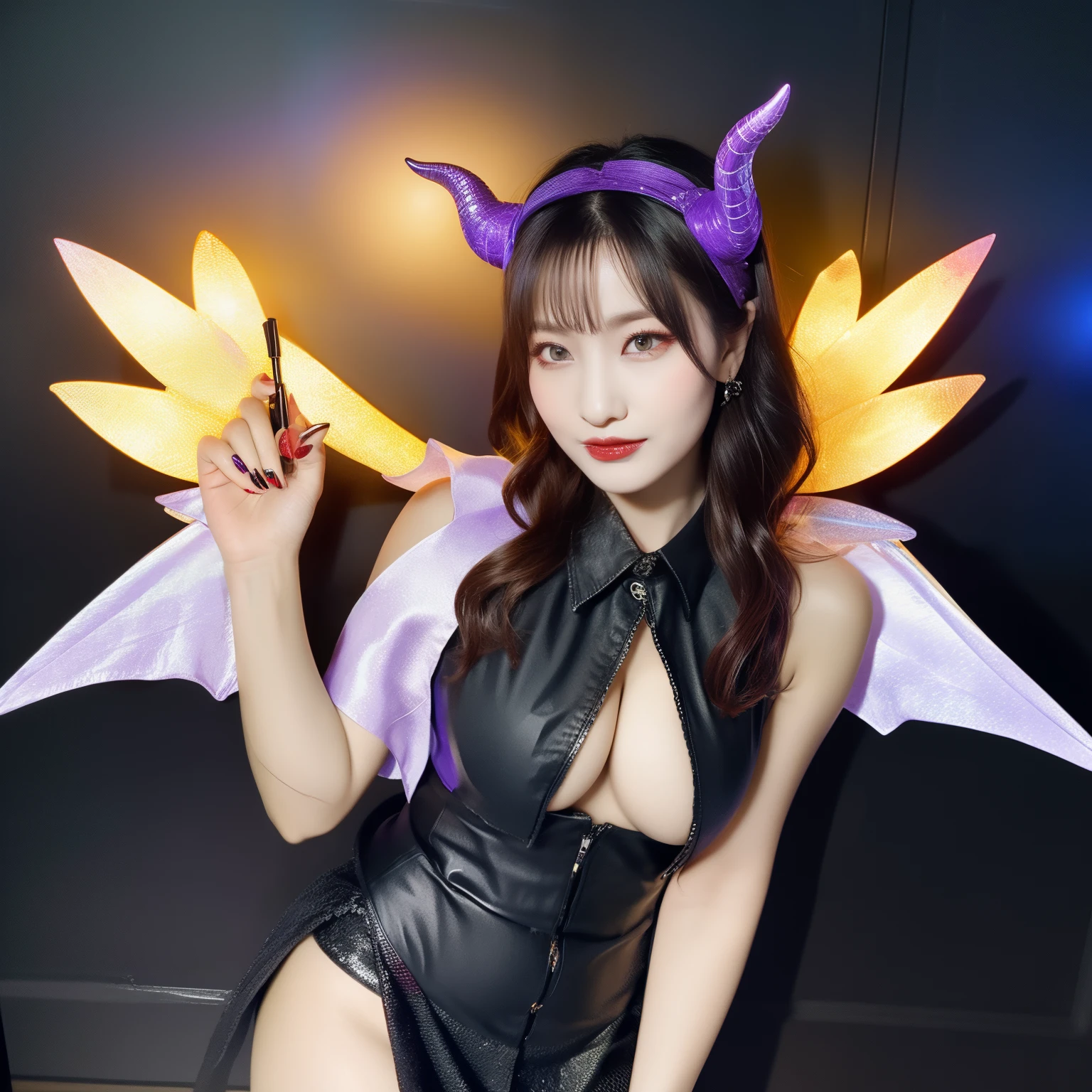 1girl, solo, ((big breasts)), demon, purple eyes, sharp teeth, long pointy black nails, long straight hair, black hair, purple horns, black lipstick, elf ears, diamond earrings, purple necklace, light purple tail, cinematic lighting, cat eyes, demon wings, horns, black lips, makeup, black makeup, pointy nails, black nails, demon horns, long tongue, dragon wings, purple dragon wings, pale skin, tail, ((full body)), nsfw, BMB-FC,