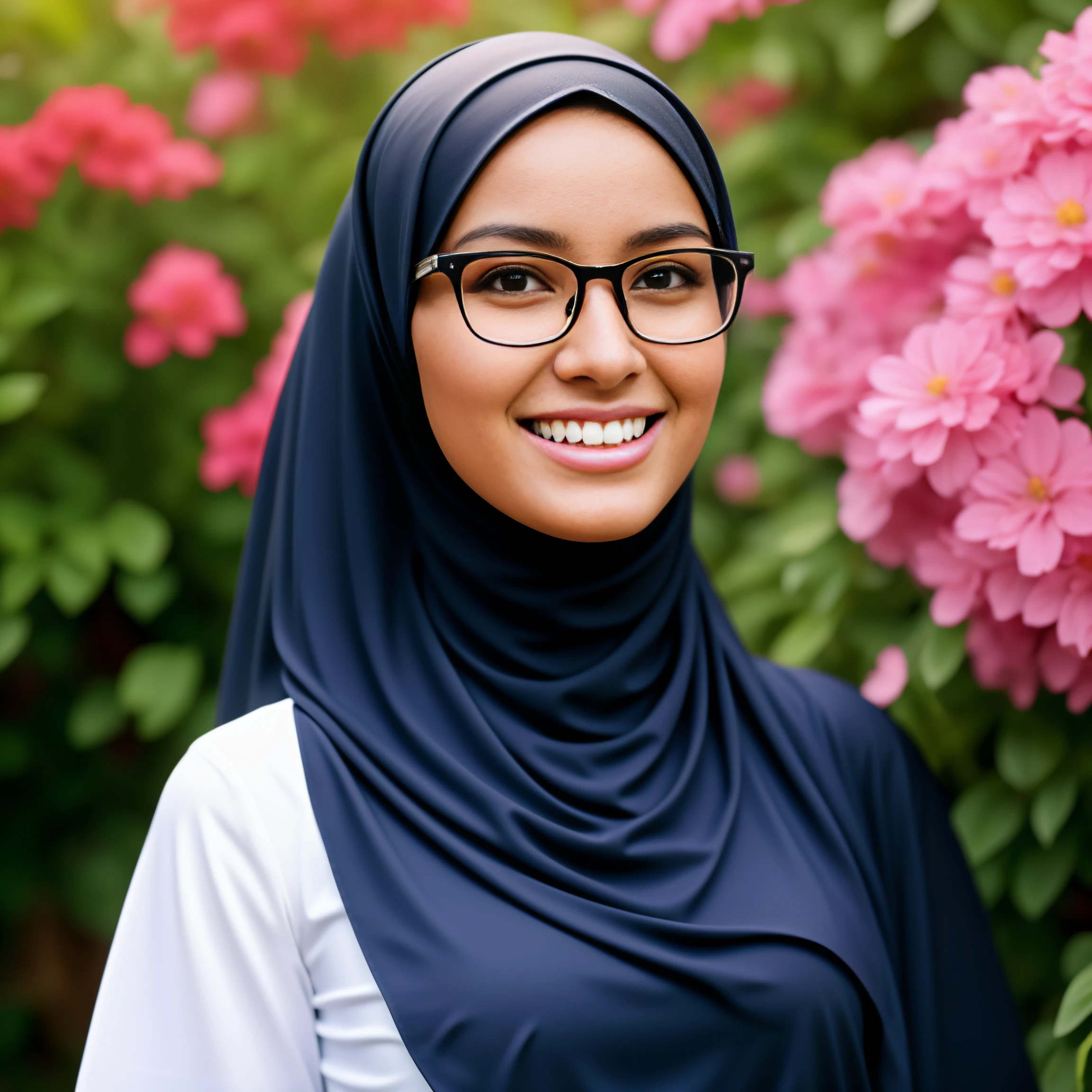 ultra realistic,16k, enhanced quality, perfect face, perfect hands, perfect body, ultra detailed, perfect hair, girl wearing glasses, perfect glasses, perfect smile, ultra realistic, ultra realistic background, full body shooting, posing for photo in flower garden, girl wearing perfect hijab,full body shooting, ultra realistic particles, perfect duck lips, full body shooting, Islamic hijab,