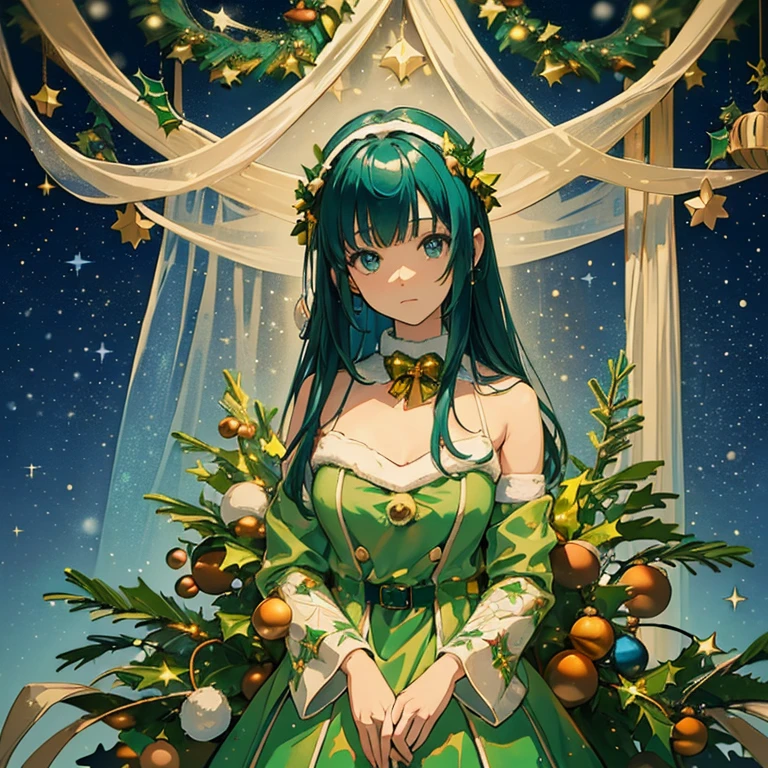 On a quiet starry night, a (Christmas tree: 1.5) stands alone. A girl is looking at the tree by herself. The tree is covered with deep green branches and leaves and decorated with star-like lights. The snow is piling up, and there is stillness on the ground. A simple yet beautiful, minimalist Christmas tree stands out against the night sky. Resonant and delicate illustrations, rich watercolors, colorful, (Delicate details, complex compositions: 1.5) (Very detailed and complex compositions: 1.5), (Design background with organic shapes: 1.3), (Very Detailed and complex configuration: 1.5),