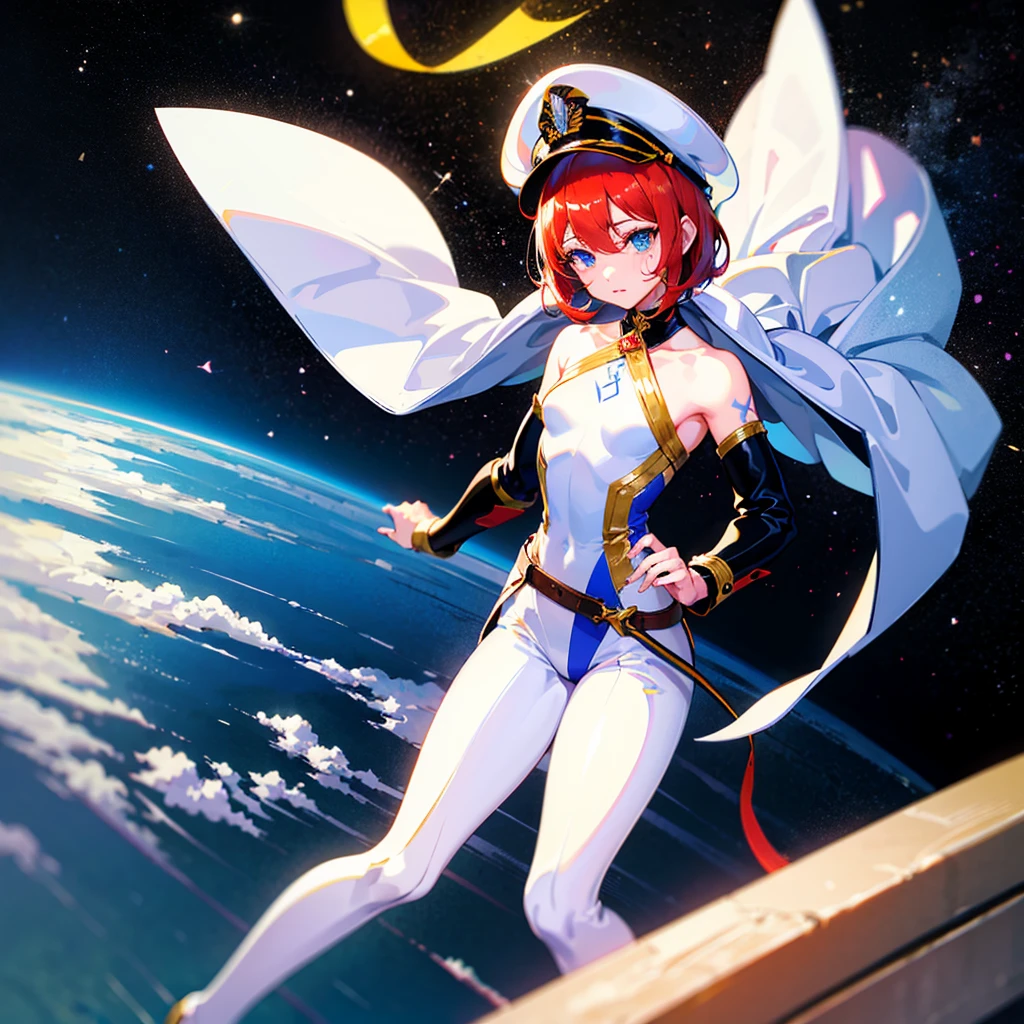 （（（​masterpiece）））、（（（Top image quality）））、（（（top-quality）））、（Illustration of one woman）、30-years old、（Viceroy）、（（Red-haired shorthair））、（Thin hair hanging down both sides of the face）、Blue eyes、（（Tall））、（（Muscle Woman、stocky build、muscular legs、broad shoulders、solid chest））、（（Military uniforms））、（（Military Cap））、（（Military coat））、（white  clothes）、（White pants）、（White cap）、trench coat、（（Inside the bridge of the space battleship））、（Outside the window、kosmos、Earth seen from space、Spaceport）