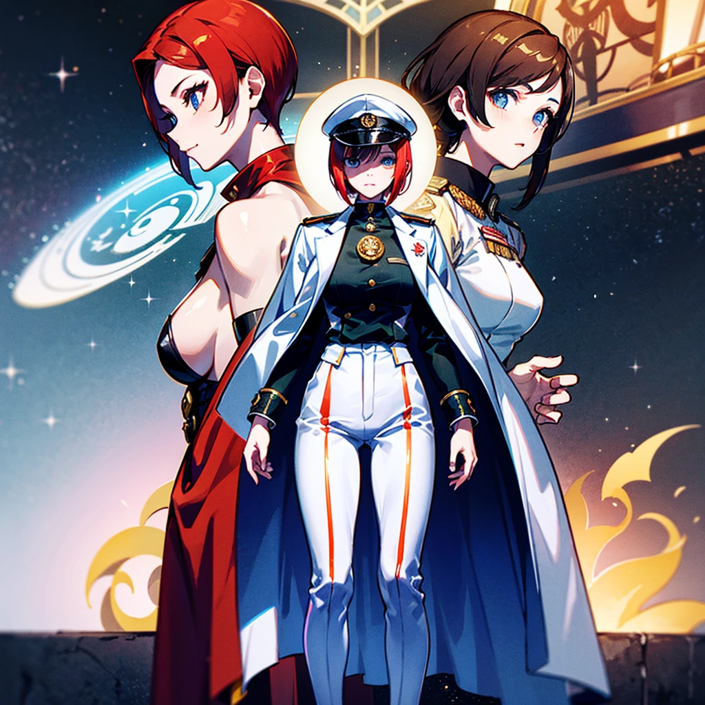 (((masterpiece)))、(((Top image quality)))、(((top-quality)))、(Illustration of one woman)、30-years old、(Viceroy)、((Red-haired shorthair))、(Thin hair hanging down both sides of the face)、Blue eyes、((Tall))、((Muscle Woman、stocky build、muscular legs、broad shoulders、solid chest))、((Military uniforms))、((Military Cap))、((Military coat))、(white clothes)、(White pants)、(White cap)、trench coat、((Inside the bridge of the space battleship))、(Outside the window、kosmos、Earth seen from space、Spaceport)