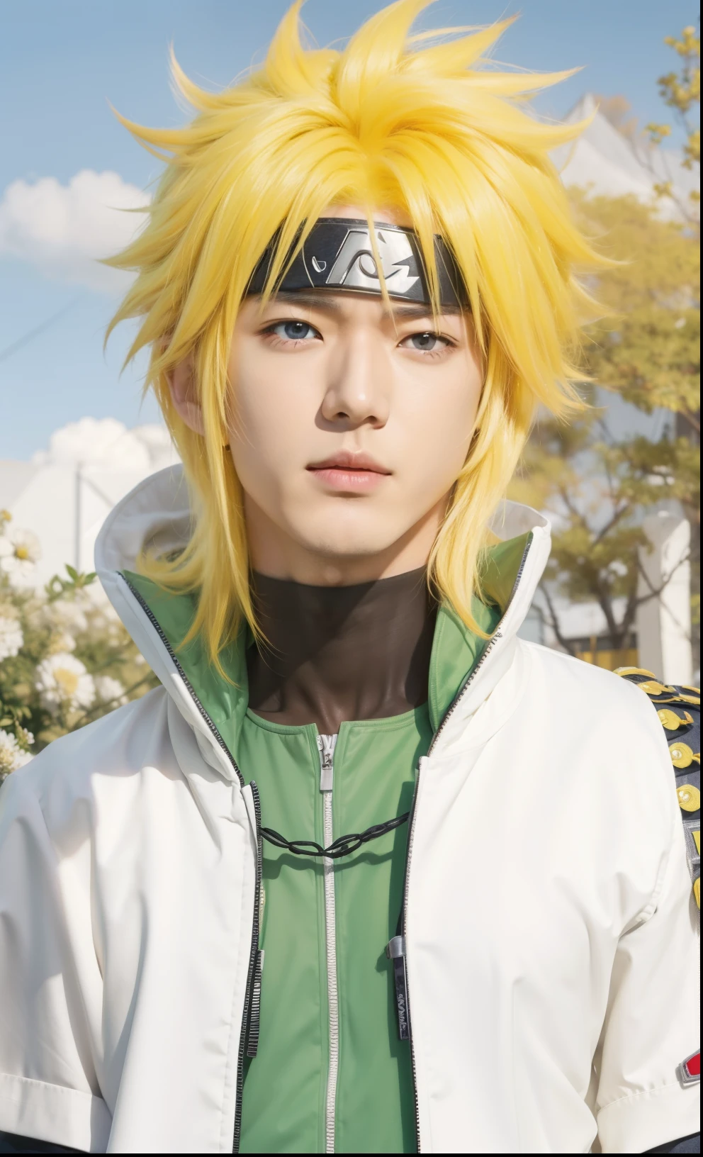 Real life adaption of this character,his name is Minato Namikaze from anime Naruto,handsome handsome face,realistic yellow messy hair,realistic outfit with white cloak,realistic light,realistic shadow,realistic background,(photorealistic:1.2),realistic hand