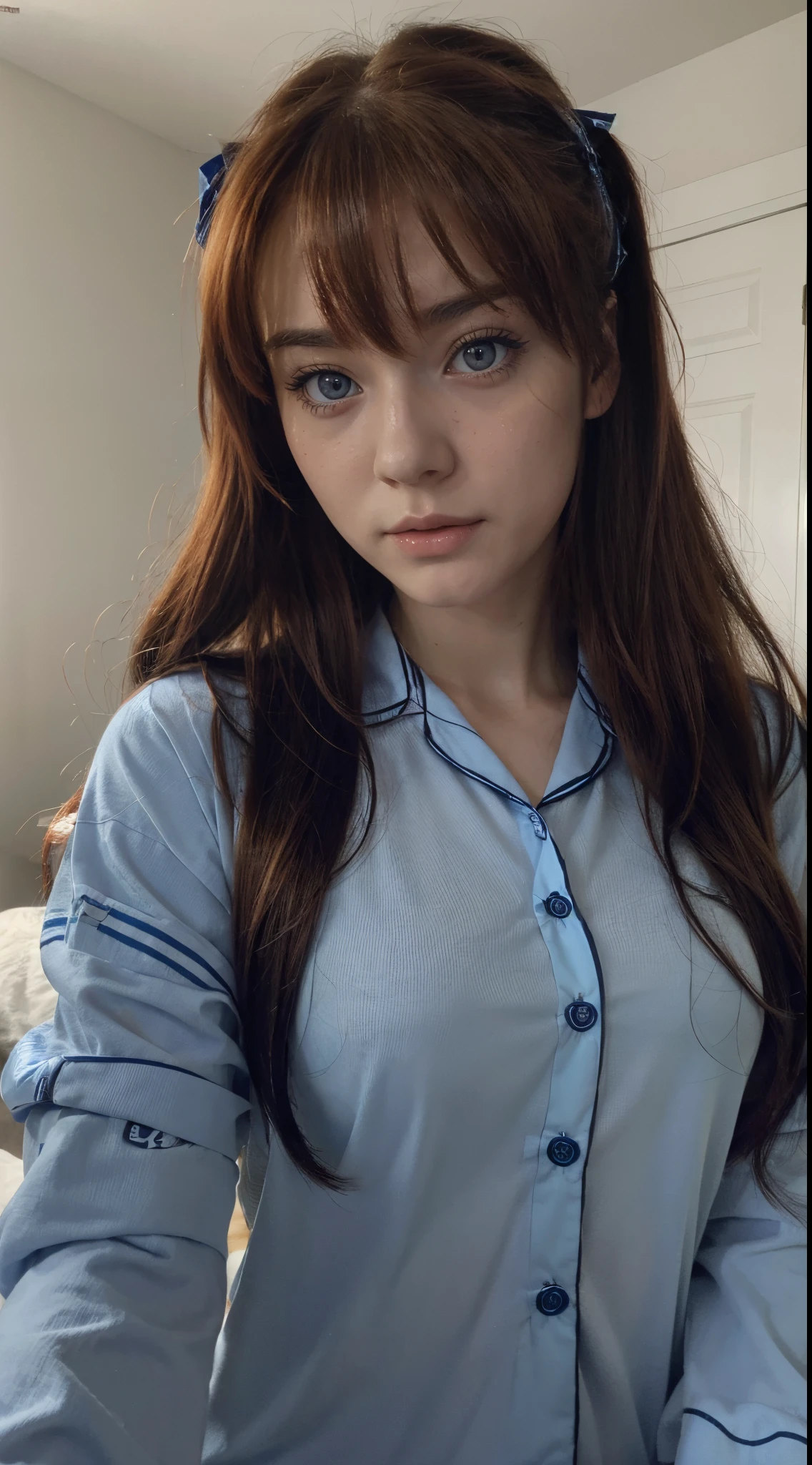 (best quality), high resolution,Asuka Langley Soryu, Beautiful Pretty Mixed German Babe, (Beautiful face), sexy lips, Auburn Twin Tails Ribbon Long Hairs, long blue stripe pajamas, intense gaze, dark blue detailed beautiful eyes, combine realism and anime influence, selfie, no make up, freckles, plain face