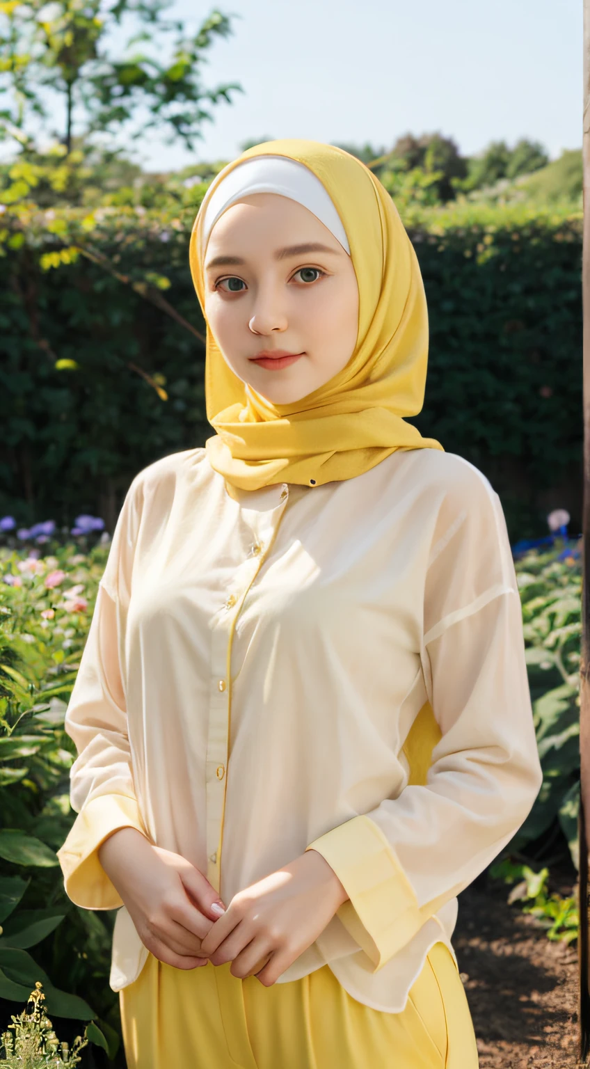 1 Girl, Beautiful, Russian Baby Face, 28 Years Old, White Skin, green Hijab, yellow long shirt, long pants, Big Chest, looking directly at the camera, garden Background, beautiful pose, potrait, no make up