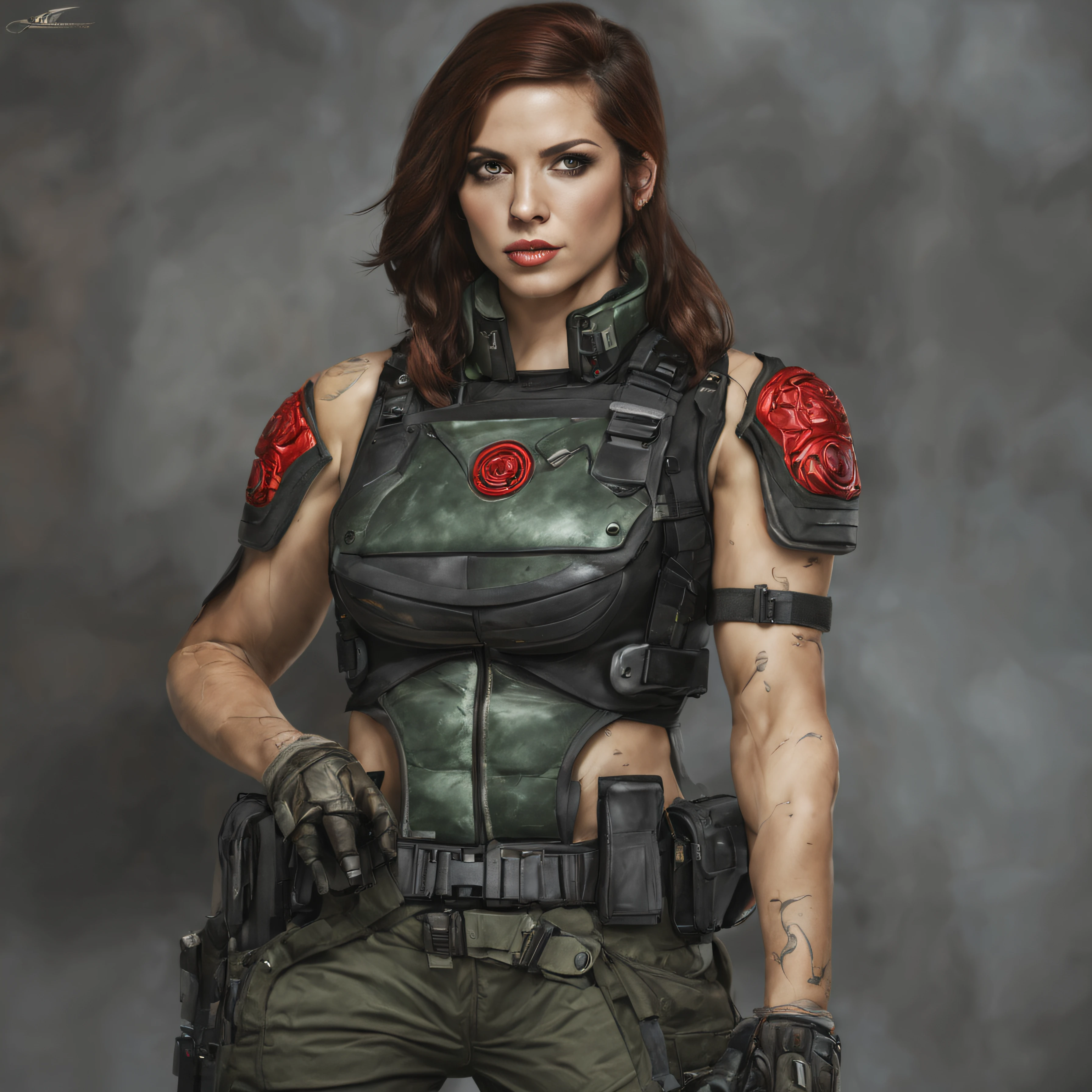 la exuberante guerrera alicia varela de gears of war, ojos verdes, labios carnosos, bellisima, con su uniforme de combate sexy con minifalda, se encuentra en lucha en una ciudad con inmensos edificios semiderruidos, todo lleno de imaginacion,ciencia ficcion y (intrincados detalles de la maquina).imagen fotorrealista,nitidez maxima, calidad 8k.(obra maestra de calidad superior).