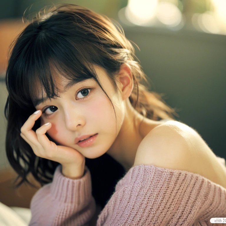 masutepiece, Best Quality, 8KUHD, Realistic, 1girl in, Young gravure idols、Correct human finger, (japanaese girl), Cute, Girly, Delicate girl, Neat and clean beauty, 1womanl, Solo,A detailed face, (Drunken eyes ), (embarrassed :1.2),1girl in, 25 years old, Bedrooms,Sleeping in bed, off-the-shoulder sweater, High resolution、(detailed facial features), Lying,(depth of fields, Portrait), Upper body, ((Small breasts)),((Dim light)),((Film grain)), ((SLR camera)),(( 35mm lens focal length)), (( Open mouth)), (( half-open eyes))