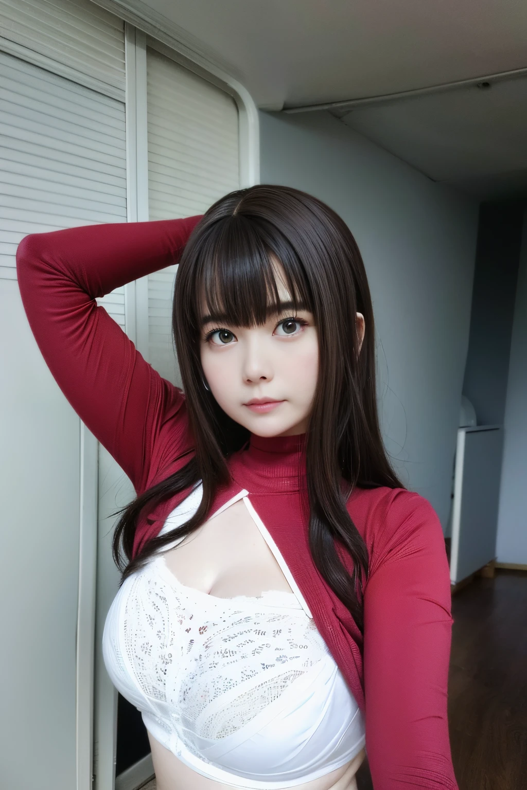 best qualtiy，超高分辨率，（Fidelity：1.4），1girll，White sexy suspenders，（full bodyesbian），（closeup cleavage），wide angles，（Low angle），（plumw），（（gigantic cleavage breasts）），huge tit， （Brown hair long：1.3），（looking at viewert），No underwear，