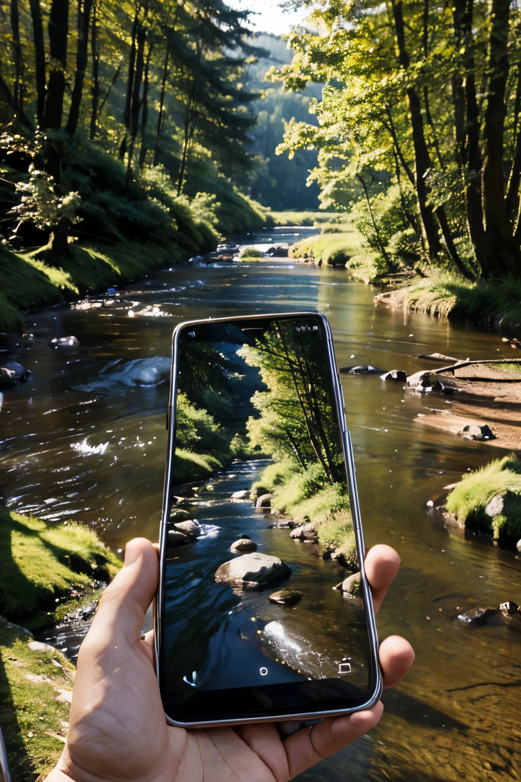 A picture of a river on a mobile phone with 3D as the image.