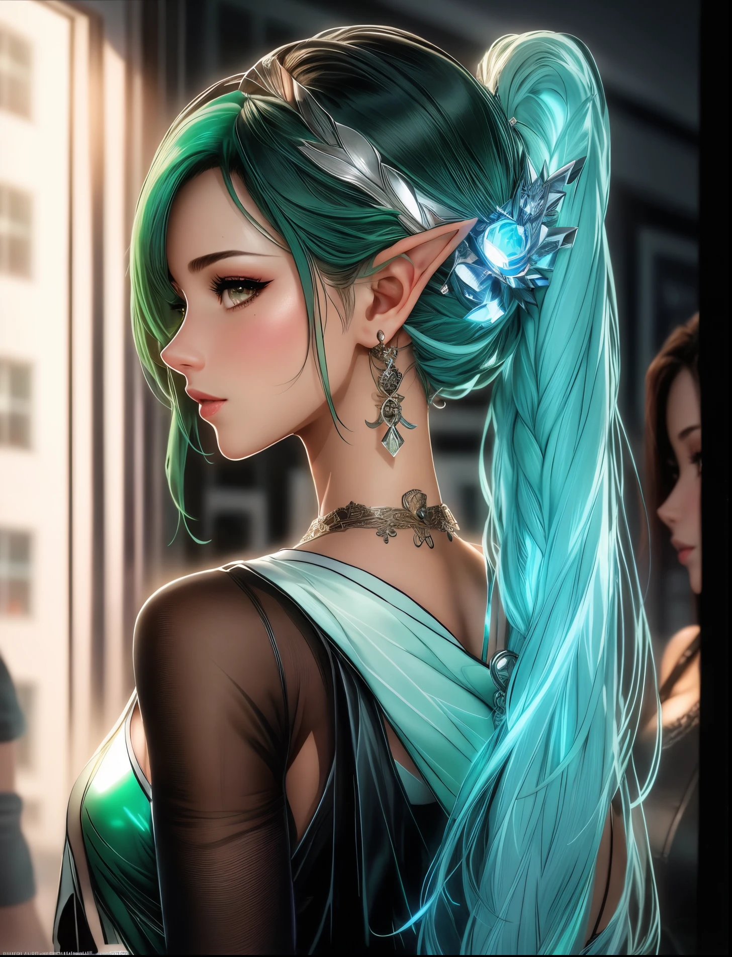 arafed image of a sexy couple posing together in a window, seductive tifa lockhart portrait, tifa, tifa lockhart, tifa lockheart, tifa lockhart portrait, glamorous tifa lockheart, portrait of tifa lockhart, tifa lockhart with Green hair, range murata and artgerm, 8k high quality detailed art