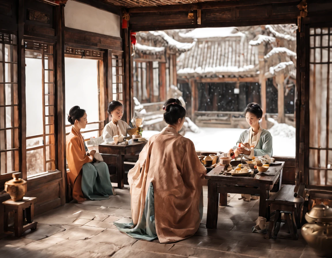 ancient china, inside a room there is back of a family with a man a woman and a girl sitting around their dinner, cozy ancient house, the family is looking to the snow outside the window, perspective is from inside the house looking out the window