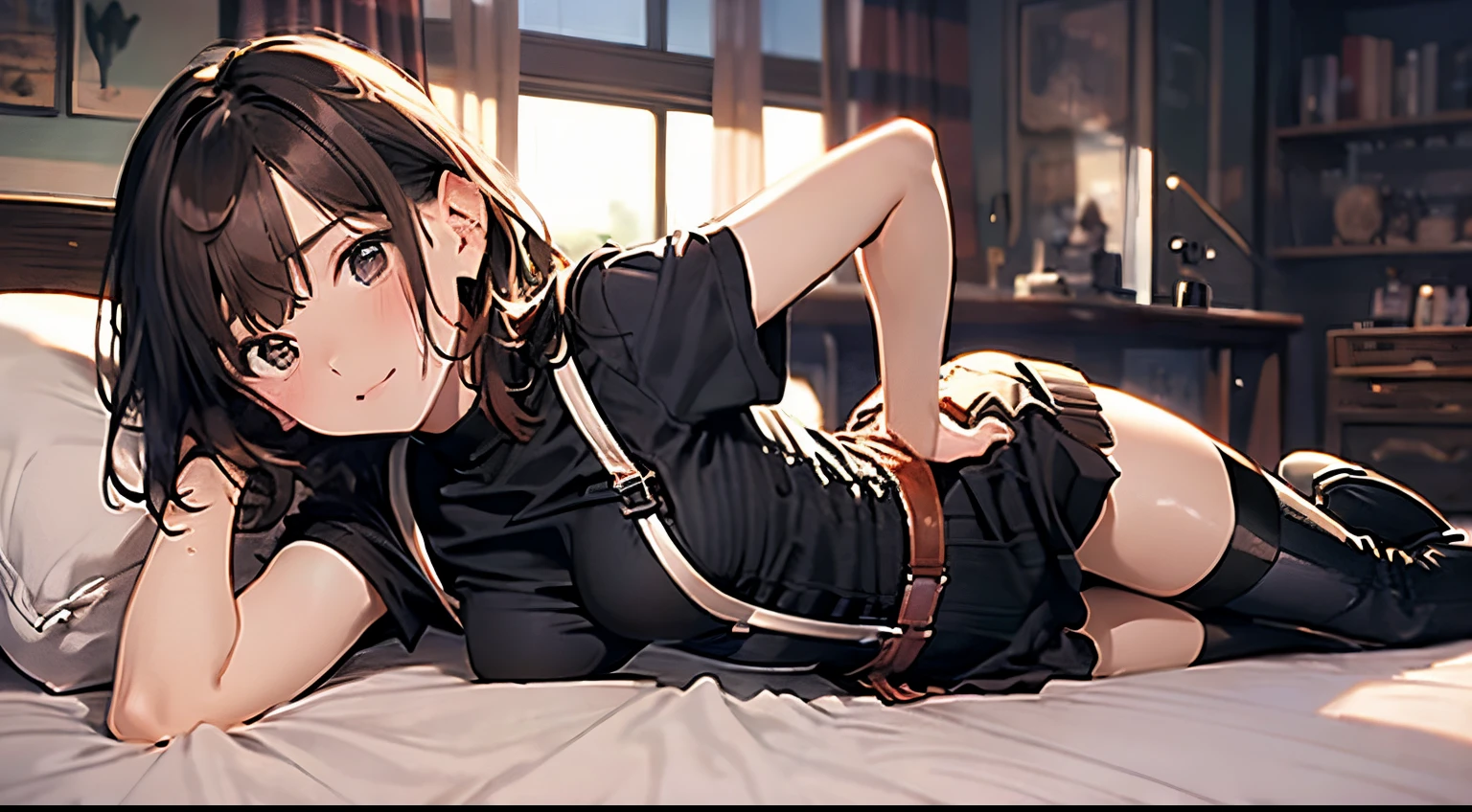 Brown hair、watching at viewers black suspenders Bulging big breasts walls: Black miniskirt garters Gaze Small face bangss holster Beautuful Women hands up Leg holster lying on the bed Gaze black boots panty shot provocation flank Armpit sweat