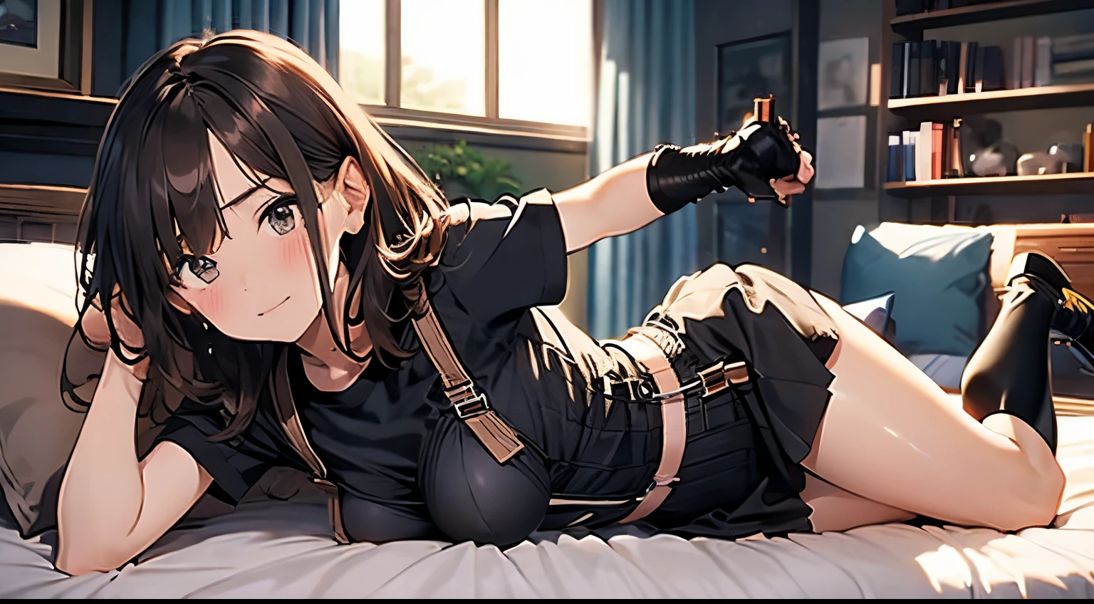 Japanese beauty naked,Western Cowgirl,Gun belt with holster,Watch on wrist,Half crying,hiccups,indoor,Night Bar、Above the knee shot、Lying in bed