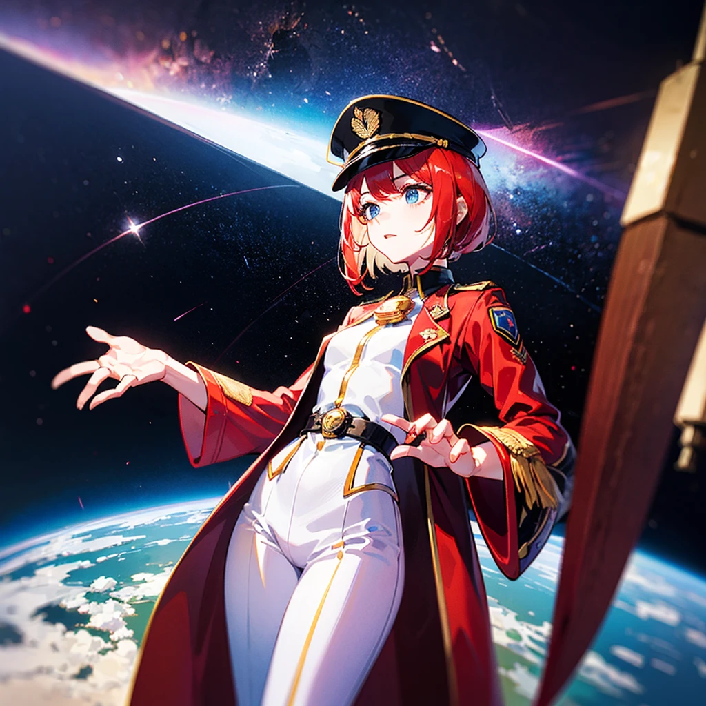 (((masterpiece)))、(((Top image quality)))、(((top-quality)))、(Illustration of one woman)、30-years old、(Viceroy)、((Red-haired shorthair))、(Thin hair hanging down both sides of the face)、Blue eyes、((Tall))、((Muscle Woman、stocky build、muscular legs、broad shoulders、solid chest))、((Military uniforms))、((Military Cap))、((Military coat))、(white clothes)、(White pants)、(White cap)、trench coat、((Inside the bridge of the space battleship))、(Outside the window、kosmos、Earth seen from space、Spaceport)