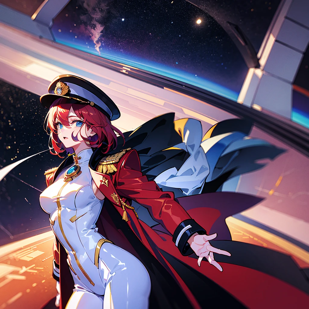 (((masterpiece)))、(((Top image quality)))、(((top-quality)))、(Illustration of one woman)、30-years old、(Viceroy)、((Red-haired shorthair))、(Thin hair hanging down both sides of the face)、Blue eyes、((Tall))、((Muscle Woman、stocky build、muscular legs、broad shoulders、solid chest))、((Military uniforms))、((Military Cap))、((Military coat))、(white clothes)、(White pants)、(White cap)、trench coat、((Inside the bridge of the space battleship))、(Outside the window、kosmos、Earth seen from space、Spaceport)