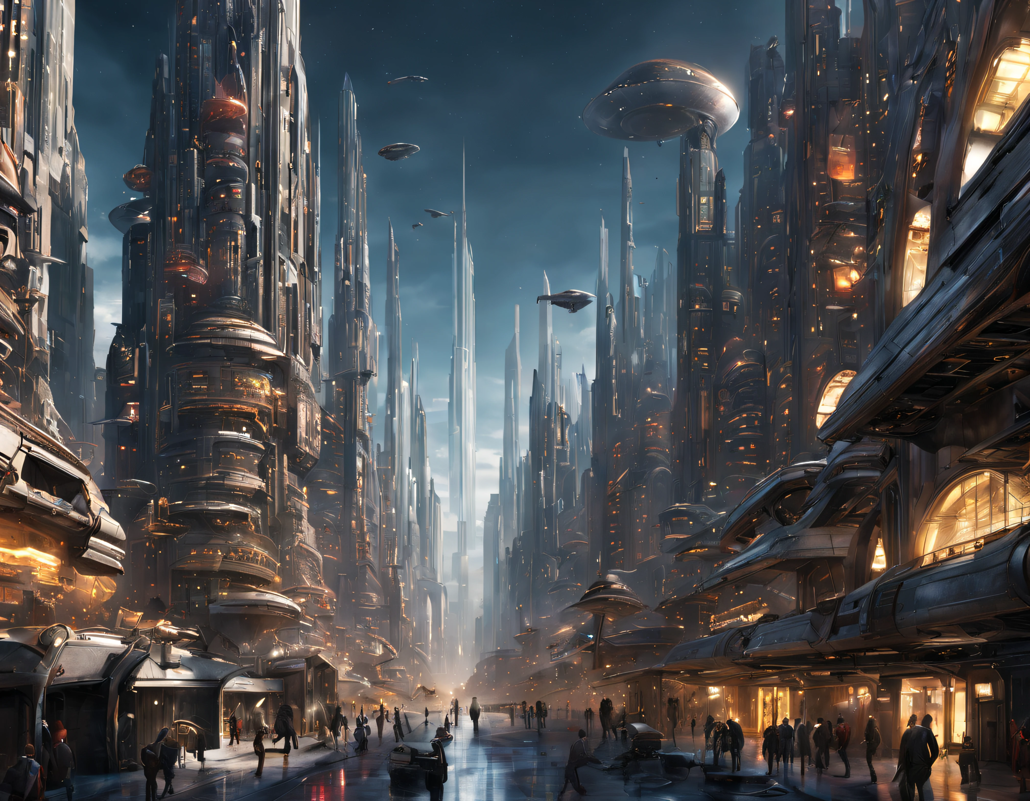 (The city of Coruscant from Star Wars as designed by Doug Chiang), futuristic fantasy city with immense buildings of technological design (que forman una avenida infinita), edificios compactor no difuminados con aspecto metalico, luces en ventanas en edificios, iluminacion diurna con sol, con estructuras acristaladas espectaculares, (con colores vivos). pavimento ensolado (sin brillo). gente paseando. imagen bien definida con muchos edificios juntos. imagen nitida bien definida 8k. los edificios llegan alta el fondo.,8k. imagen cinematografica