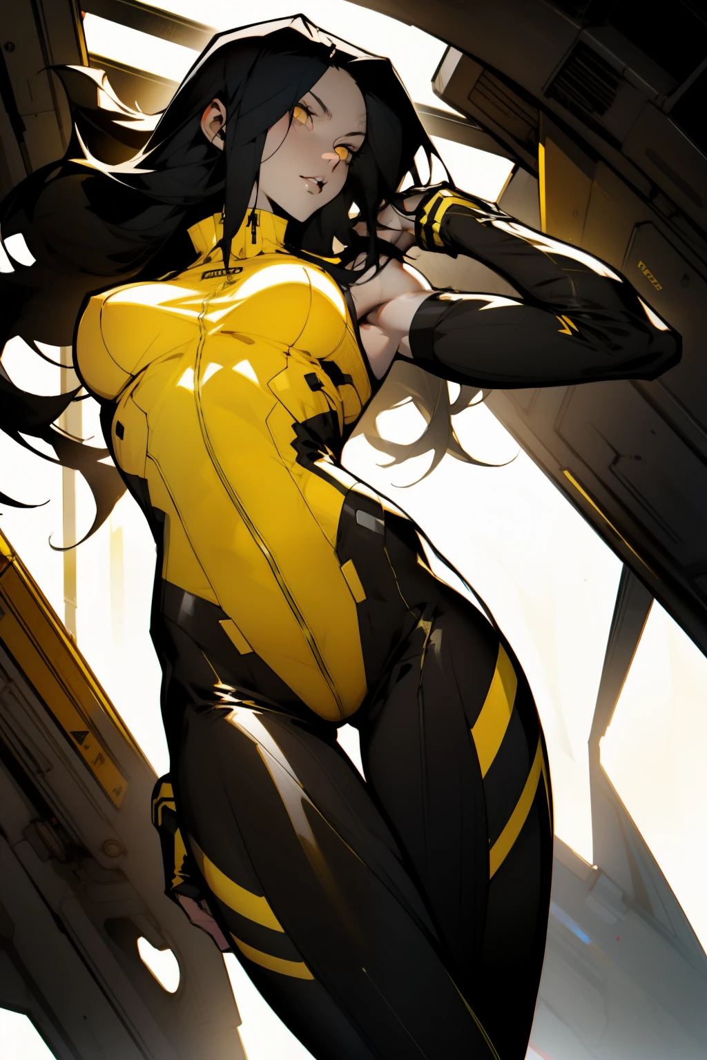 1 girl, black hair, yellow eyes, very long hair, pale skin, fit body, slender body, slim waist, large breasts, (confident expression), pilot suit, thigh gap, bare thighs, sleeveless