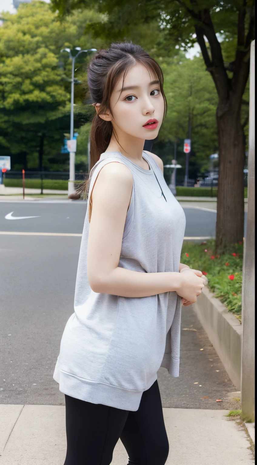 Real and beautiful Korean baby,pale-skinned,Quite large,Standing outside the park looking across in Nike and Nike leggings