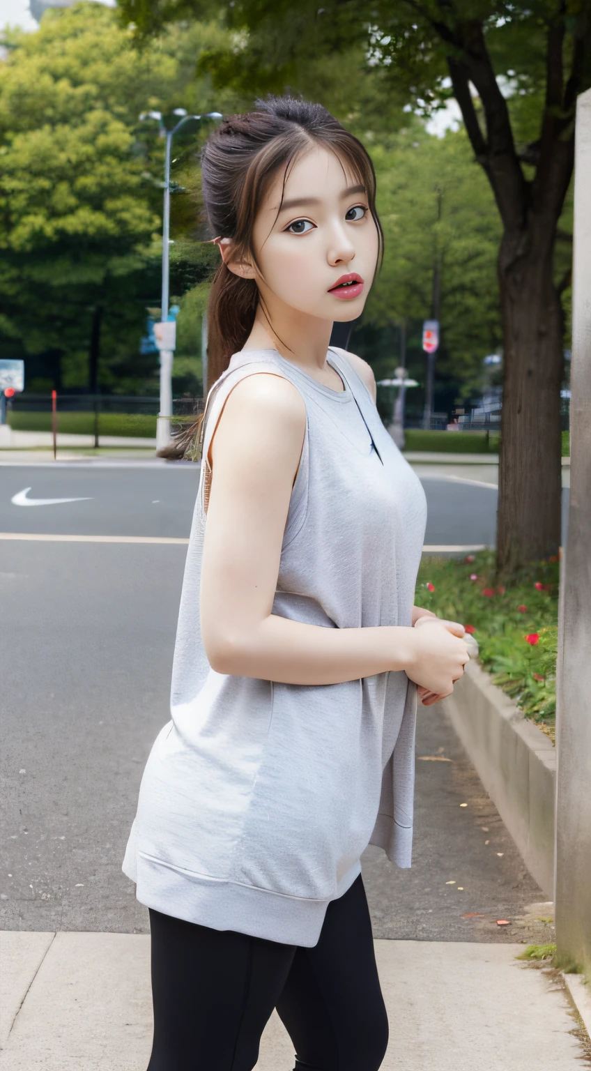 Real and beautiful Korean babies,pale-skinned,Quite large,Standing outside the park looking across in Nike and Nike leggings