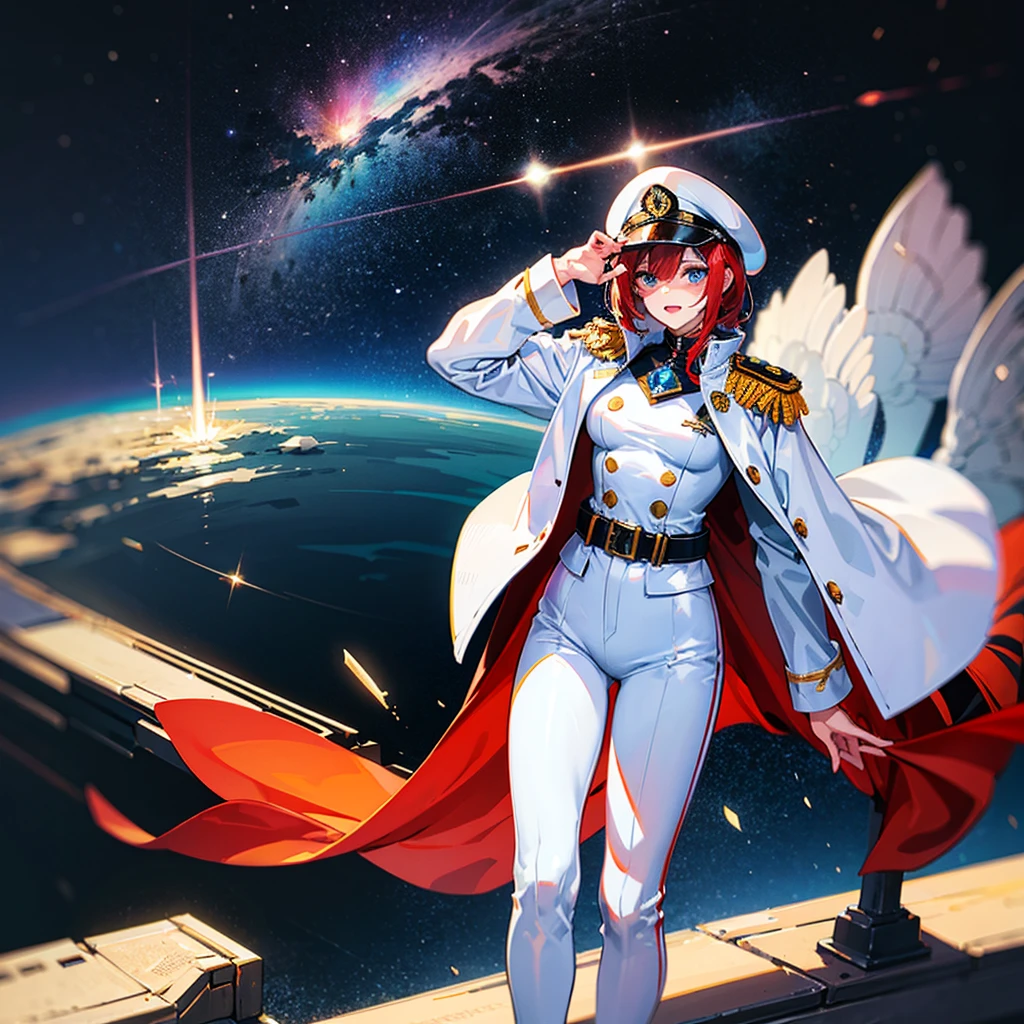 （（（​masterpiece）））、（（（Top image quality）））、（（（top-quality）））、（Illustration of one woman）、30-years old、（Viceroy）、（（Red-haired shorthair））、（Thin hair hanging down both sides of the face）、Blue eyes、（（Tall））、（（Muscle Woman、stocky build、muscular legs、broad shoulders、solid chest））、（（Military uniforms））、（（Military Cap））、（（Military coat））、（white  clothes）、（White pants）、（White cap）、trench coat、（（Inside the bridge of the space battleship））、（Outside the window、kosmos、Earth seen from space、Spaceport）